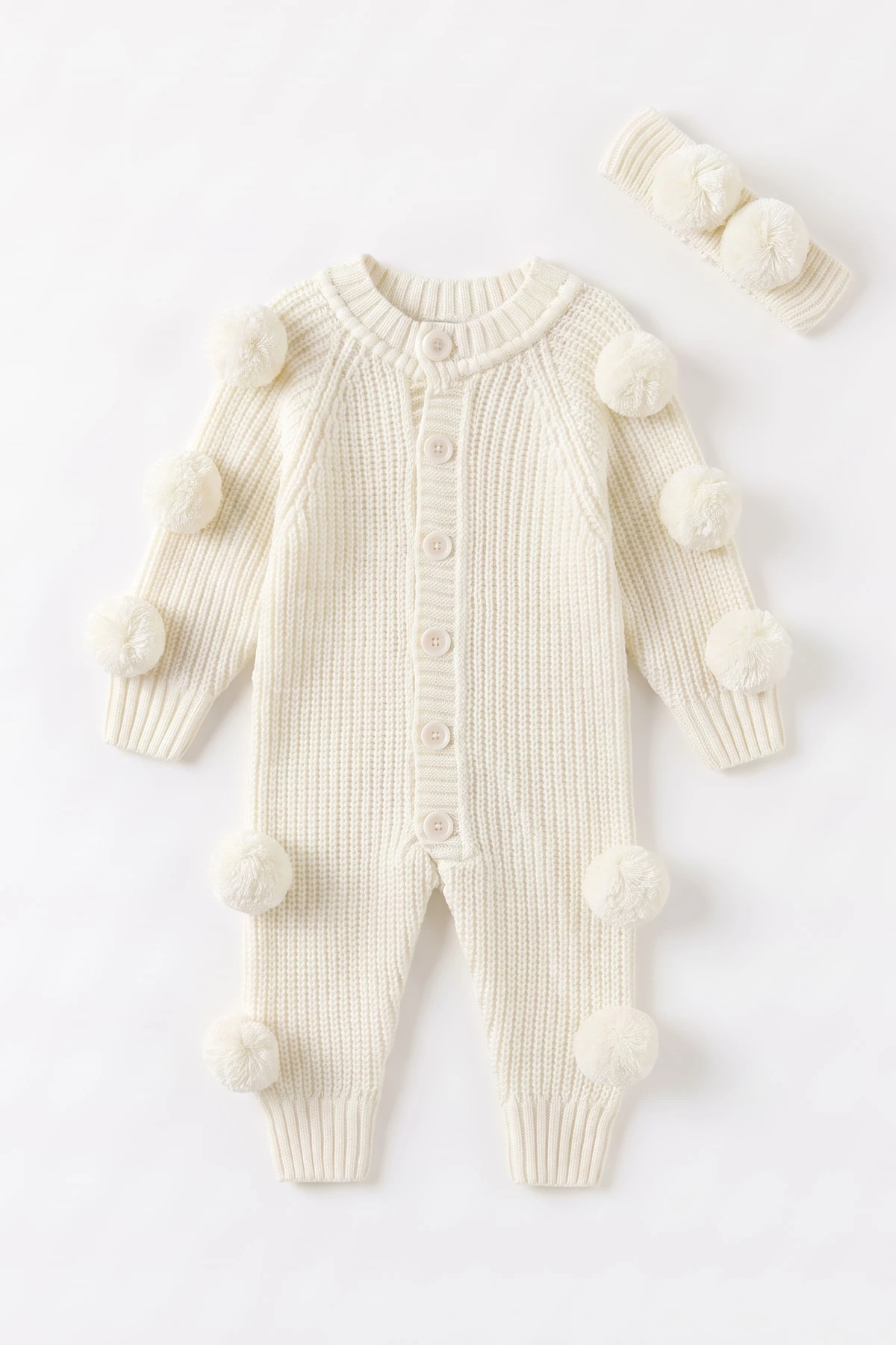 Ekru (3-24 Ay) Selanik Örgülü Ponponlu Bandana Aksesuarlı Kız Bebek Triko Tulum 474597