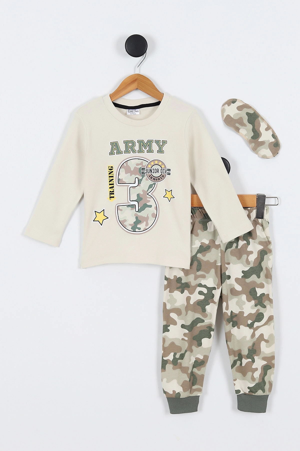 Ekru (3-6 Yaş) Kamuflaj Desenli  Göz Bandı Detaylı Erkek Çocuk Pijama Takım 334657