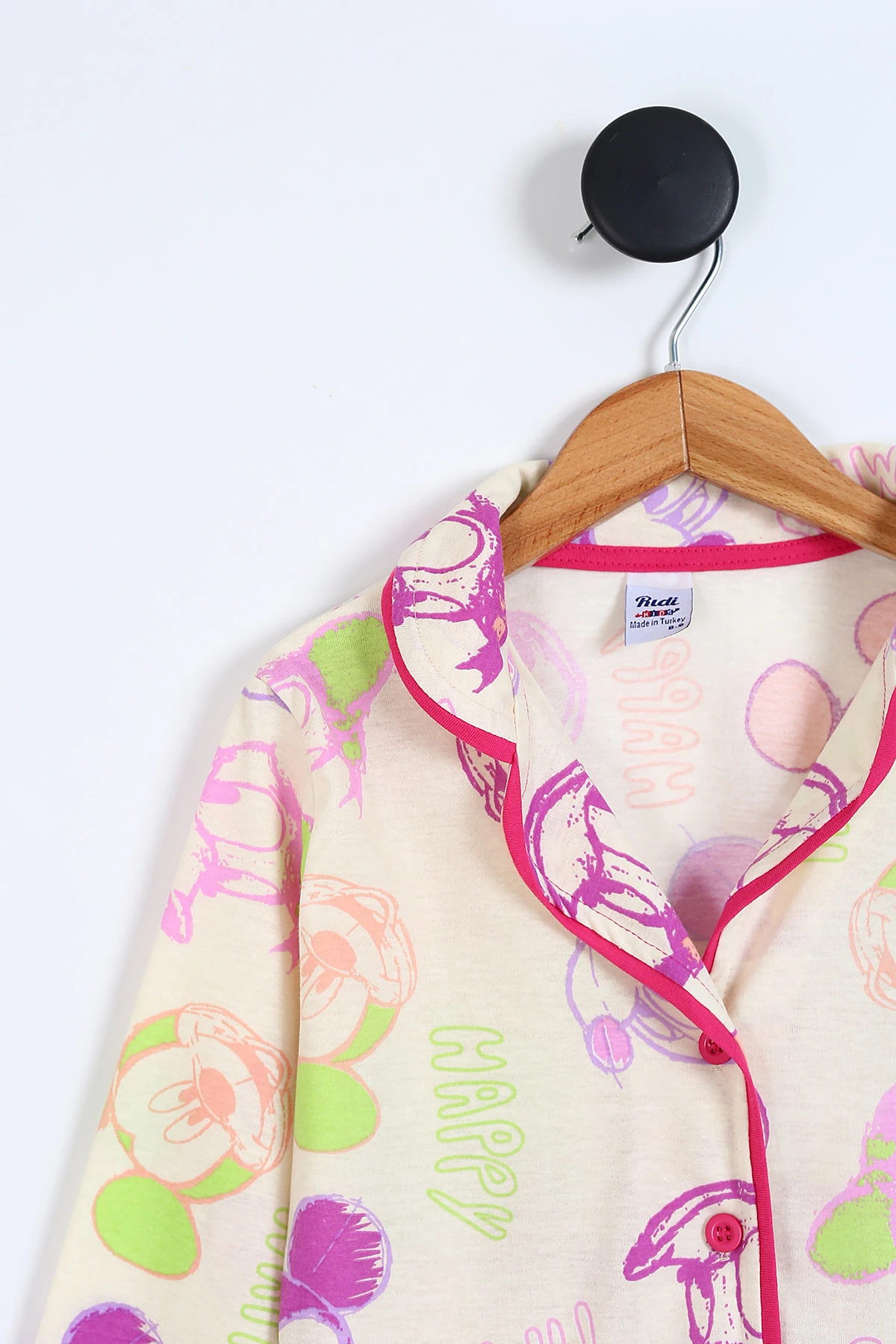 Ekru (3-8 Yaş) Happy Times Baskılı Ön Düğmeli Kız Çocuk Pijama Takım 337886