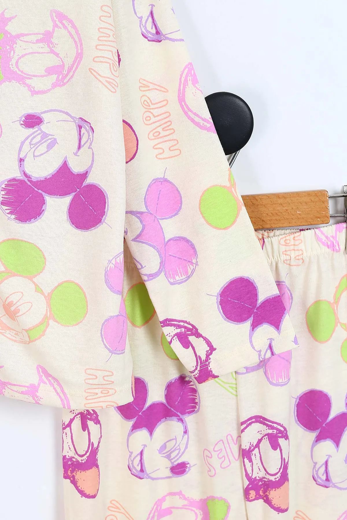 Ekru (3-8 Yaş) Happy Times Baskılı Ön Düğmeli Kız Çocuk Pijama Takım 337886
