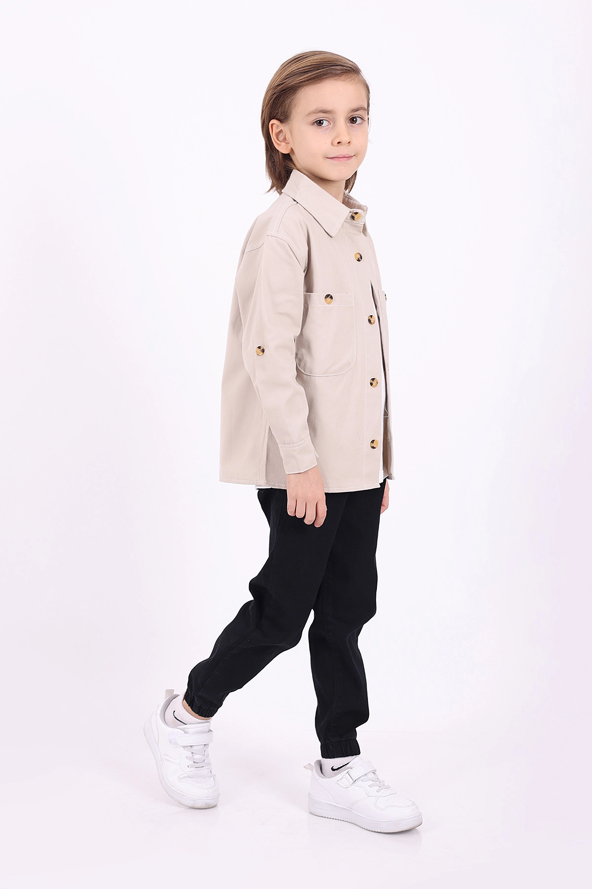 Ekru (5-14 Yaş) Çift Cepli Oversize Kalıp Erkek Çocuk Gabardin Gömlek 323440