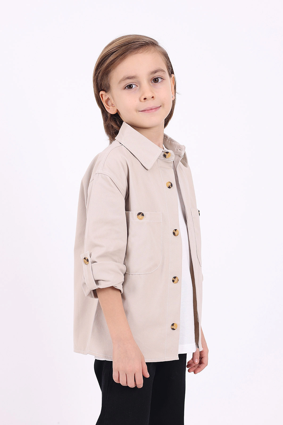 Ekru (5-14 Yaş) Çift Cepli Oversize Kalıp Erkek Çocuk Gabardin Gömlek 323440