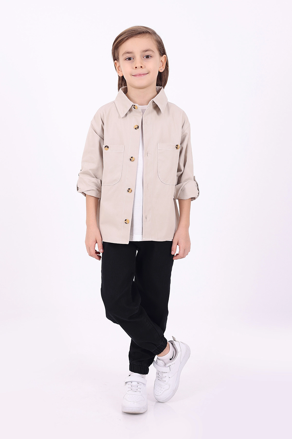 Ekru (5-14 Yaş) Çift Cepli Oversize Kalıp Erkek Çocuk Gabardin Gömlek 323440