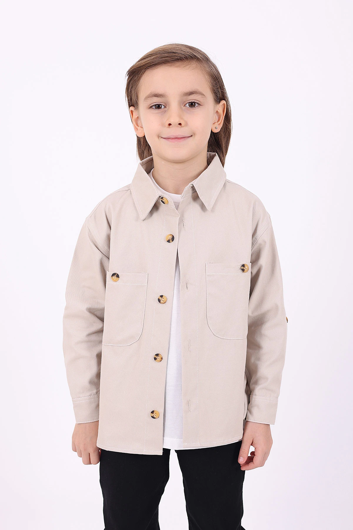 Ekru (5-14 Yaş) Çift Cepli Oversize Kalıp Erkek Çocuk Gabardin Gömlek 323440