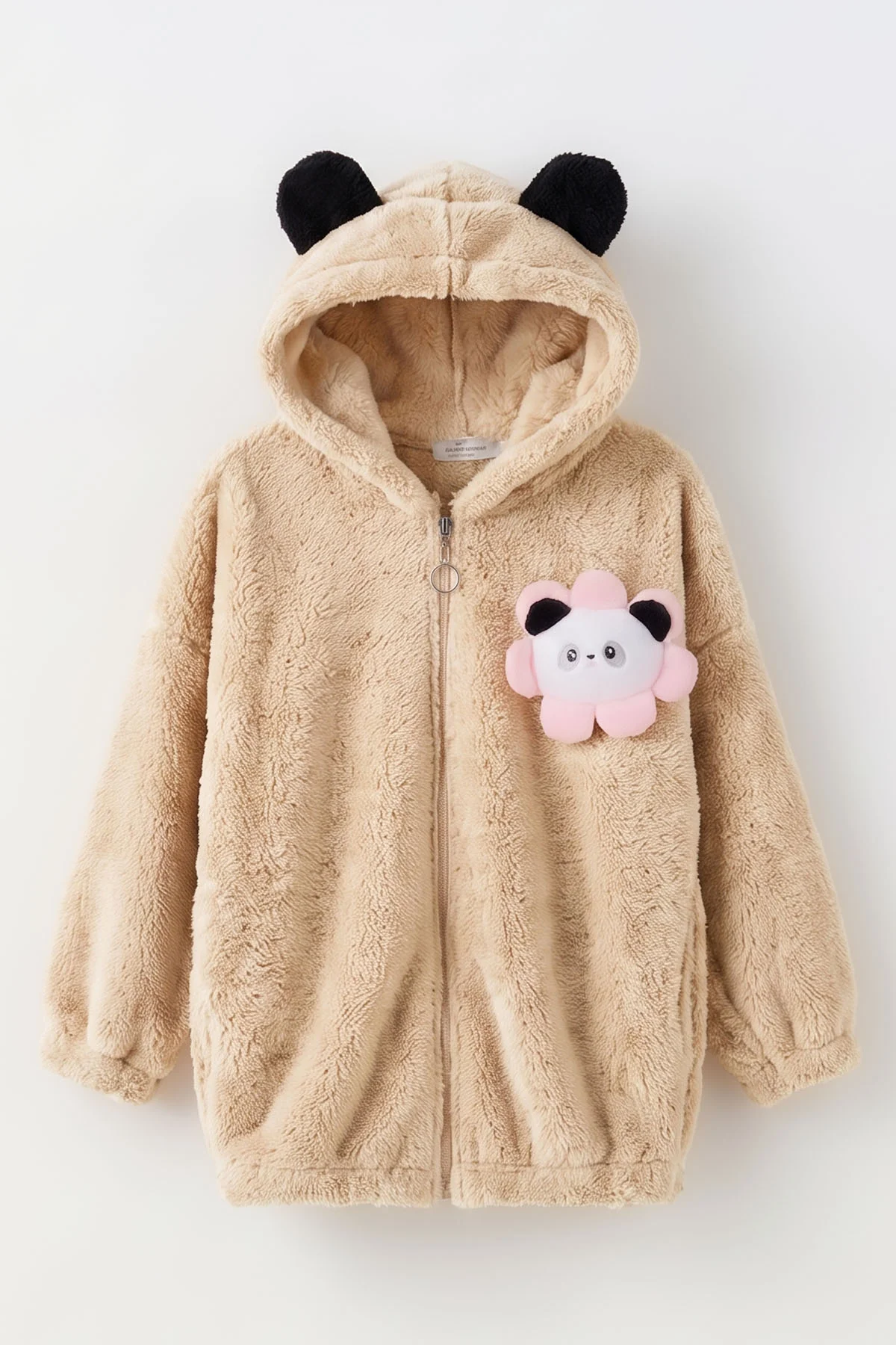 Ekru (5-10 Yaş) Oyuncaklı Kapüşonlu Peluş Kız Çocuk Hırka 497442
