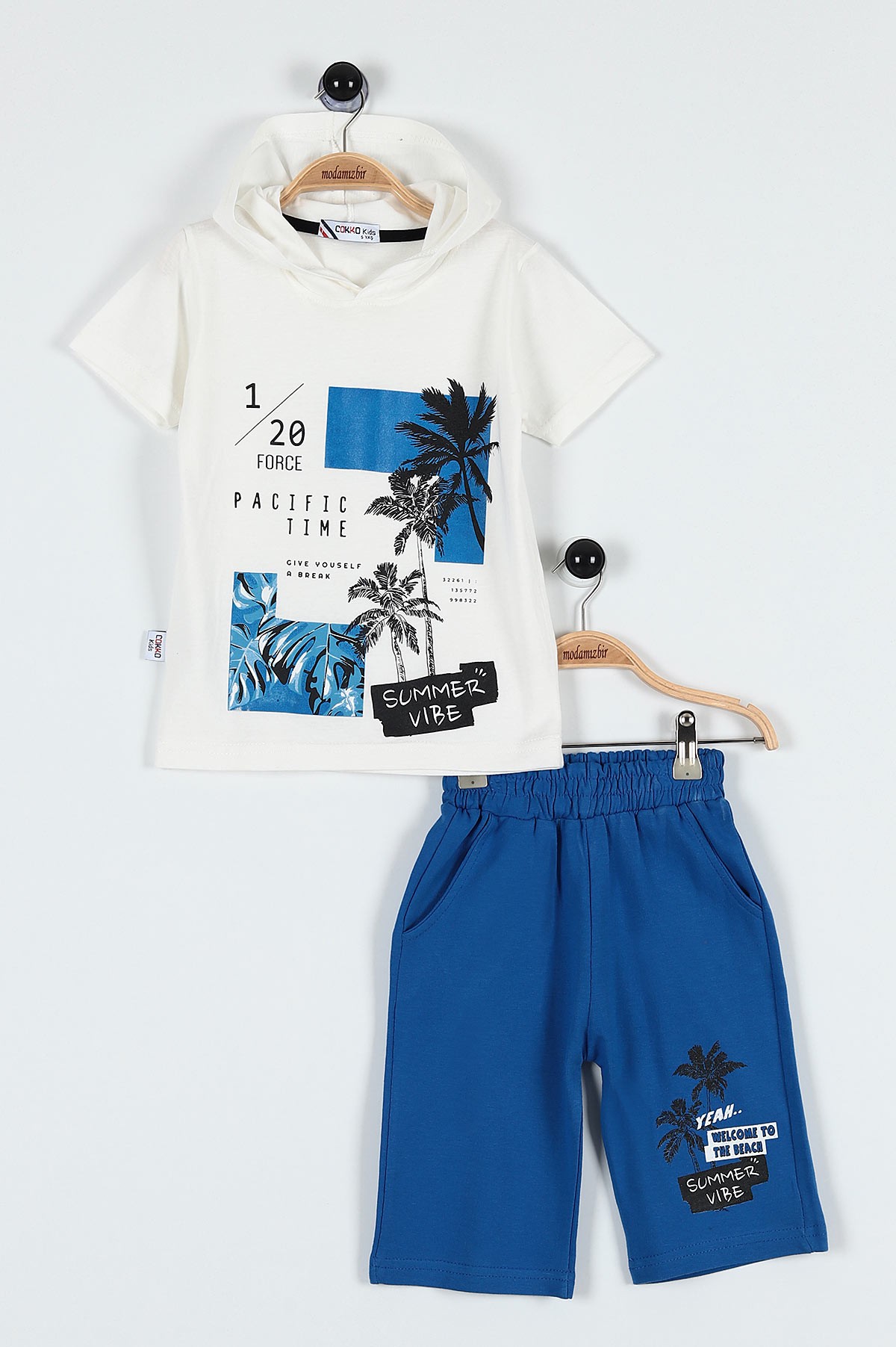 Ekru (5-8 Yaş) Summer Palmiye Baskılı Şortlu Kapüşonlu Erkek Çocuk Takım 182997