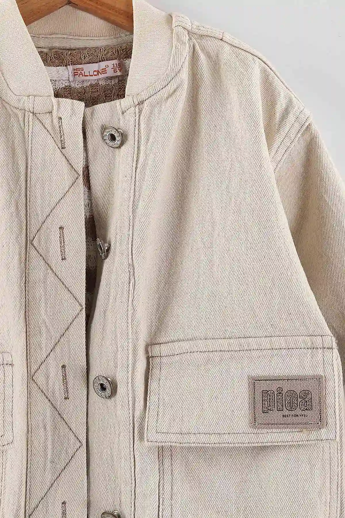 Ekru (5-9 Yaş)Triko Kazaklı Zigzag Dikişli Ceketli i Kot Pantolonlu Kız Çocuk 3'lü Takım 443745