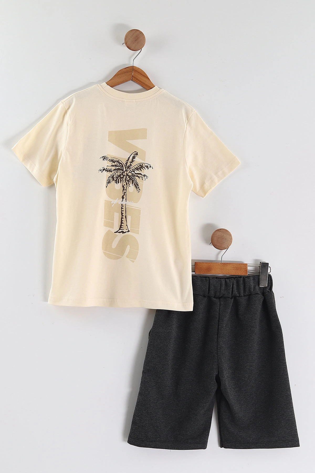 Ekru (6-14 Yaş) Ön Arka Palmiye Baskılı Alt Çimalı Şortlu Erkek Çocuk Yazlık Takım 454985