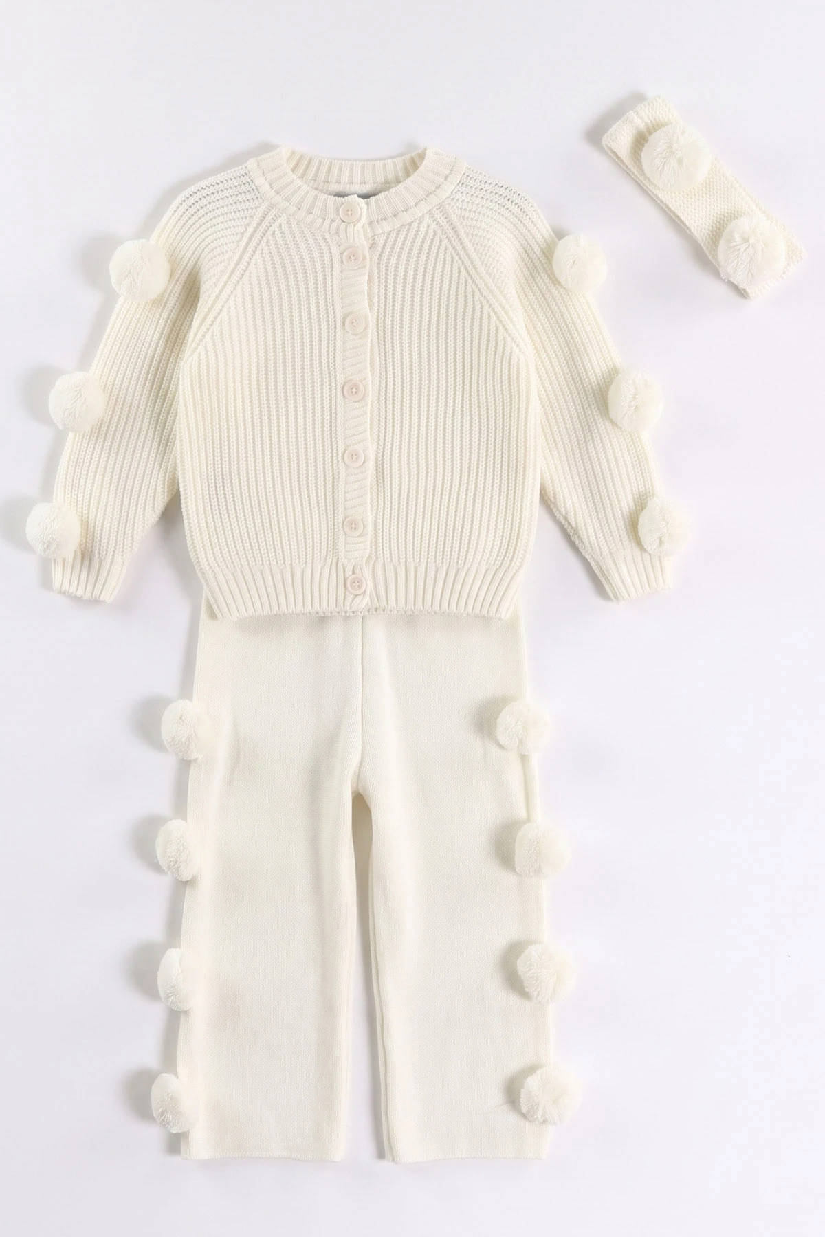 Ekru (6-24 Ay) Düğmeli Ponpon Detaylı Bandanalı Kız Bebek Takım 474152