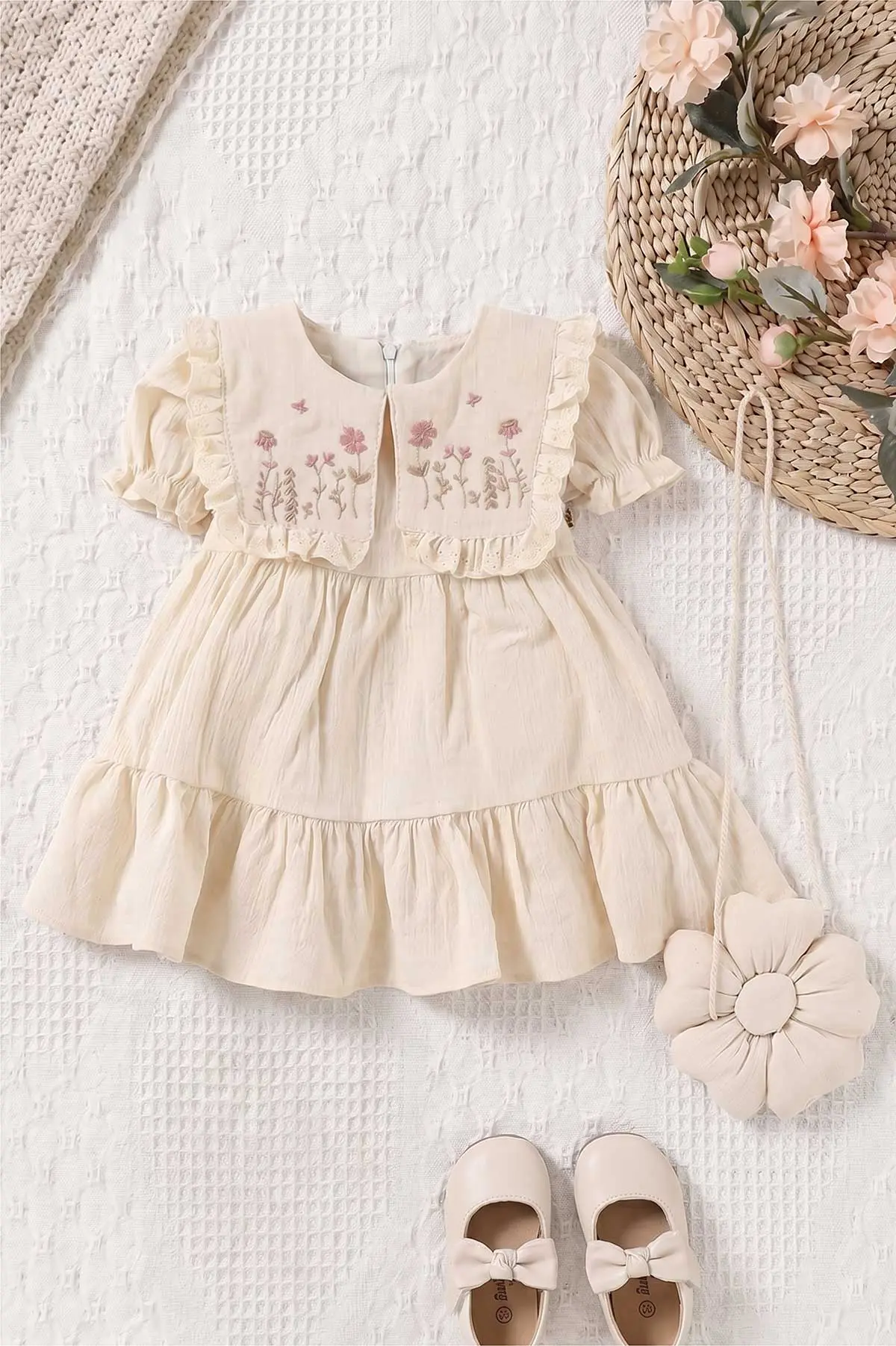 Ekru (6-24 Ay)Yakası Nakışlı Fistolu Müslin Kız Bebek Elbise 467275