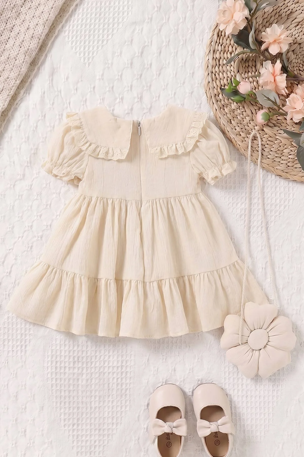 Ekru (6-24 Ay)Yakası Nakışlı Fistolu Müslin Kız Bebek Elbise 467275