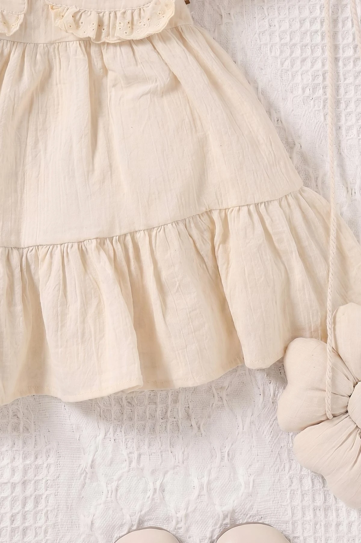 Ekru (6-24 Ay)Yakası Nakışlı Fistolu Müslin Kız Bebek Elbise 467275