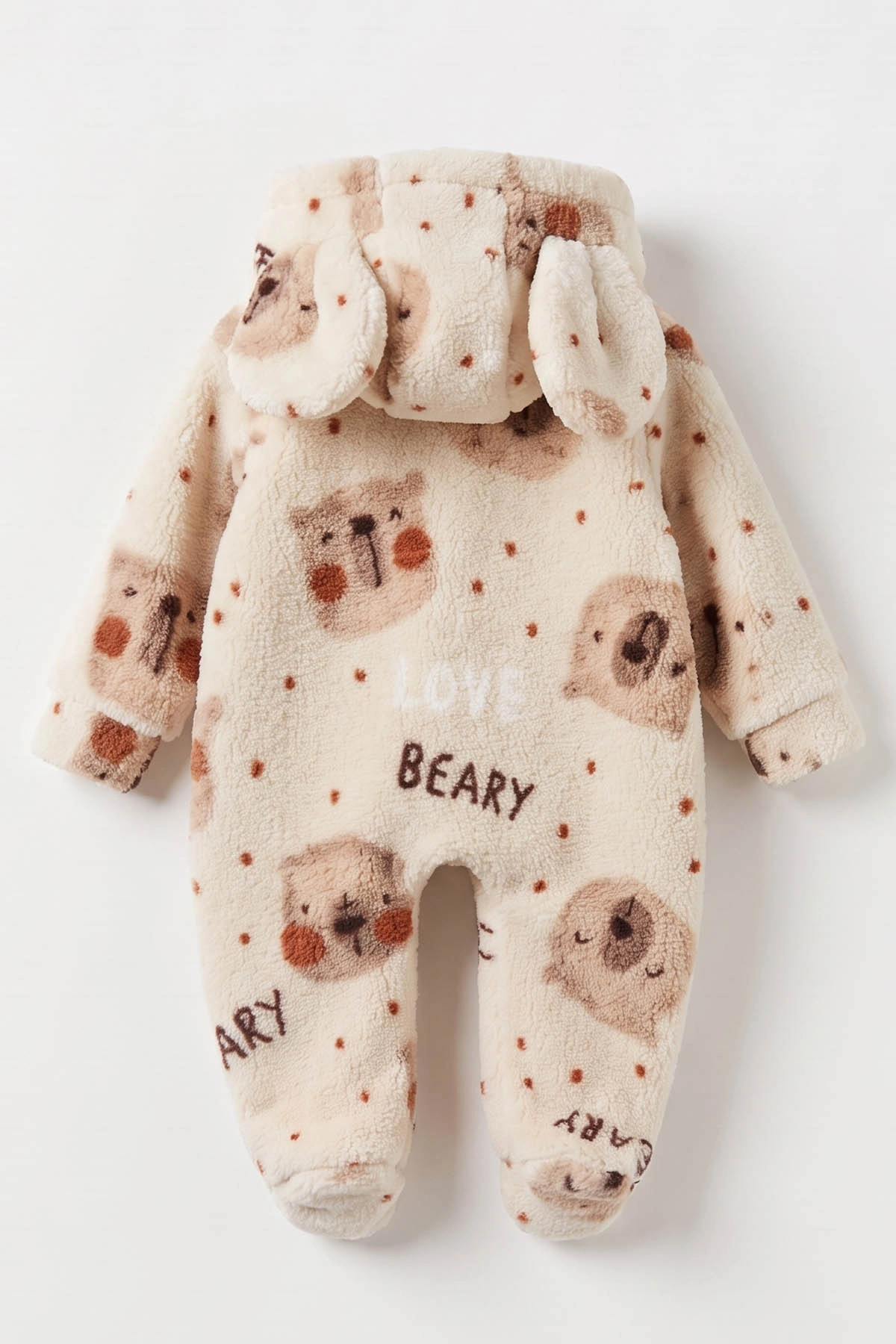 Ekru (6-9 Ay) Ayıcık Desenli Kulaklı Kapüşonlu  Patikli Unisex Bebek Tulum 495698