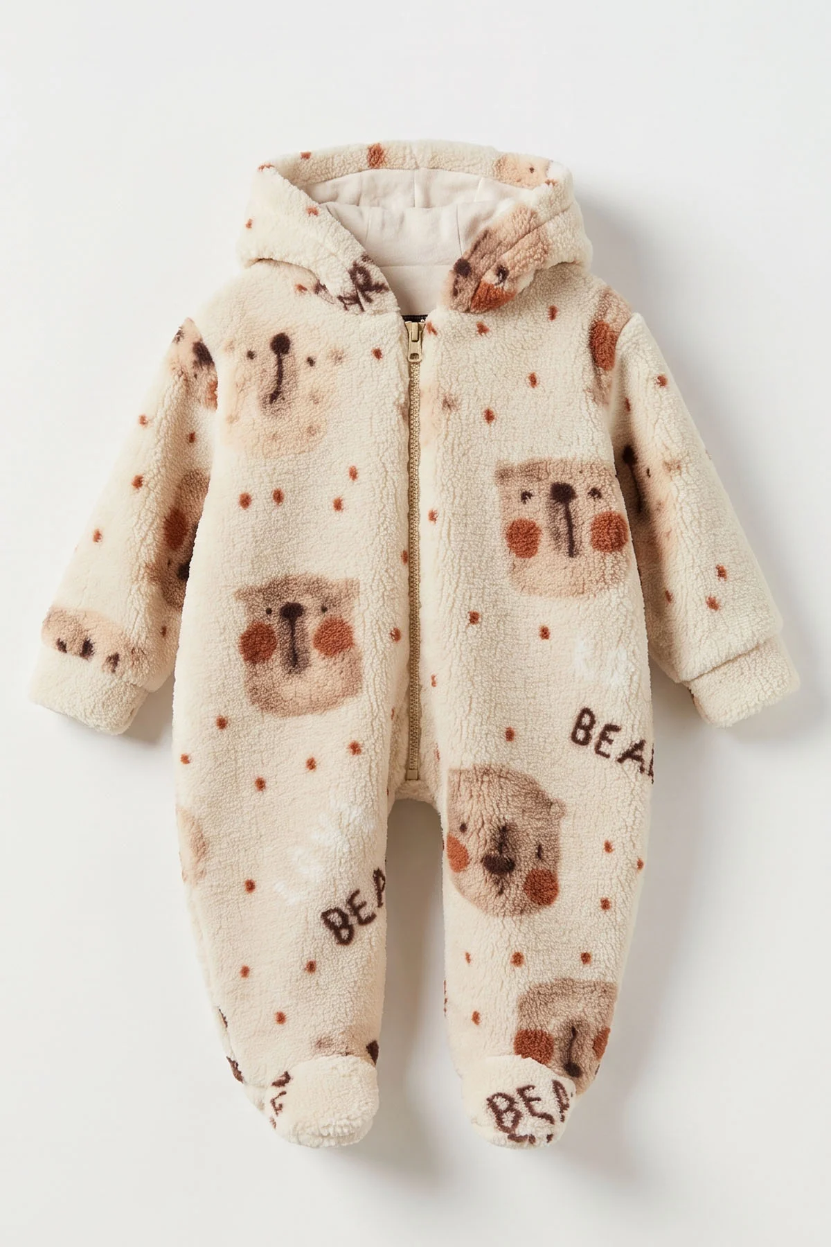 Ekru (6-9 Ay) Ayıcık Desenli Kulaklı Kapüşonlu Patikli Unisex Bebek Tulum 495698