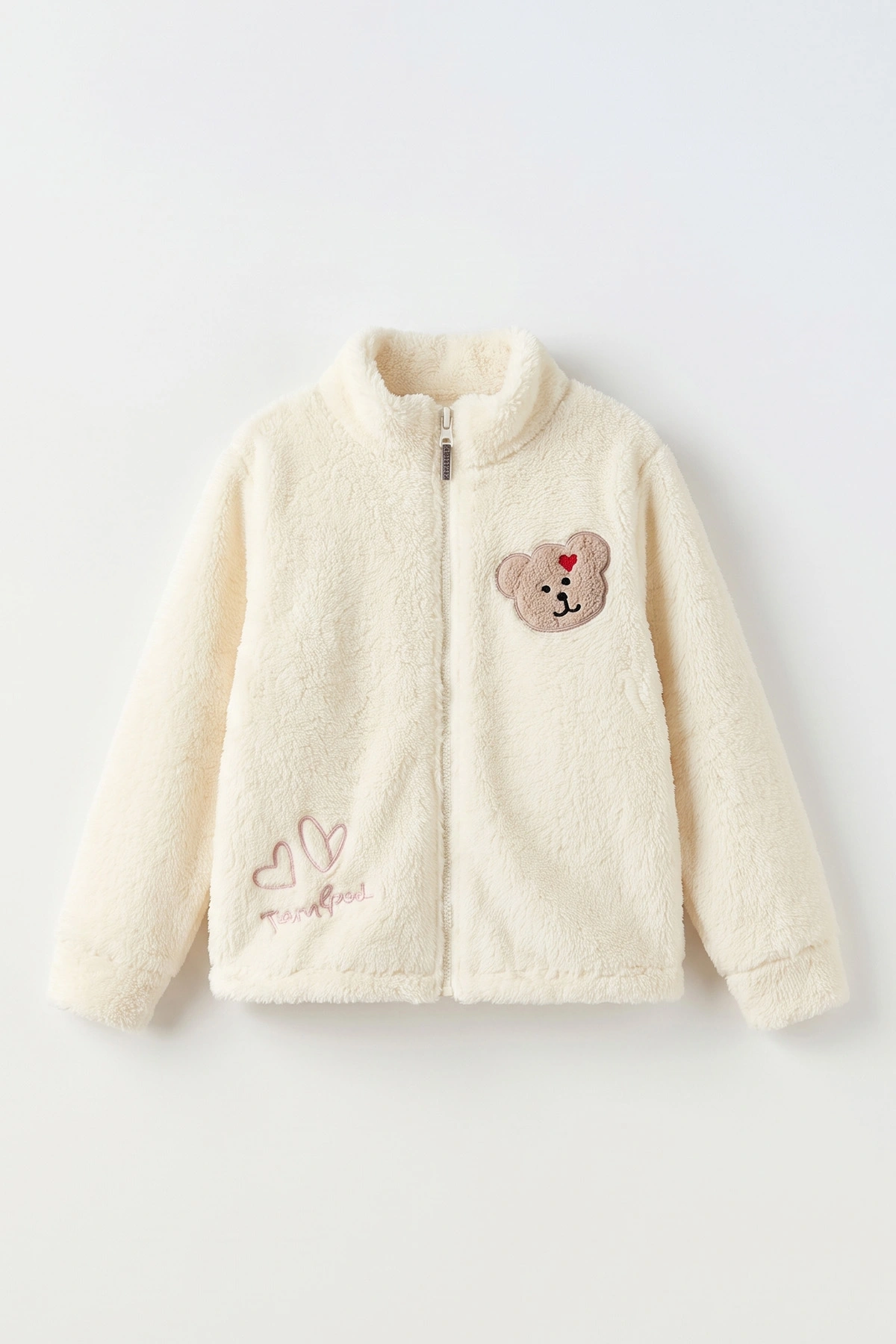 Ekru (7-12 Yaş)  Ayıcık Nakışlı Peluş Kız Çocuk Hırka 497994