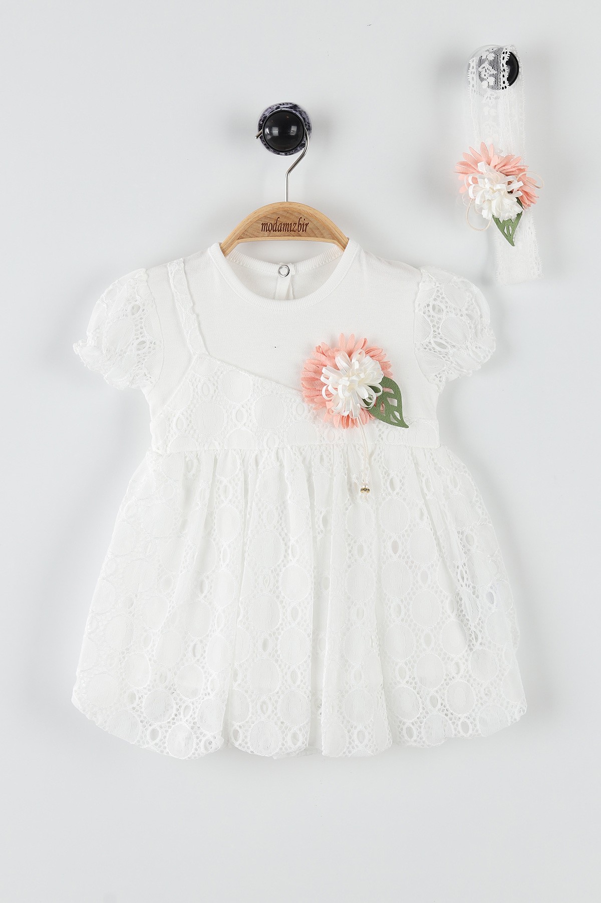 Ekru (9-18 Ay) Çiçek Bronşlu Kol Lastikli Kız Bebe Elbise 169853