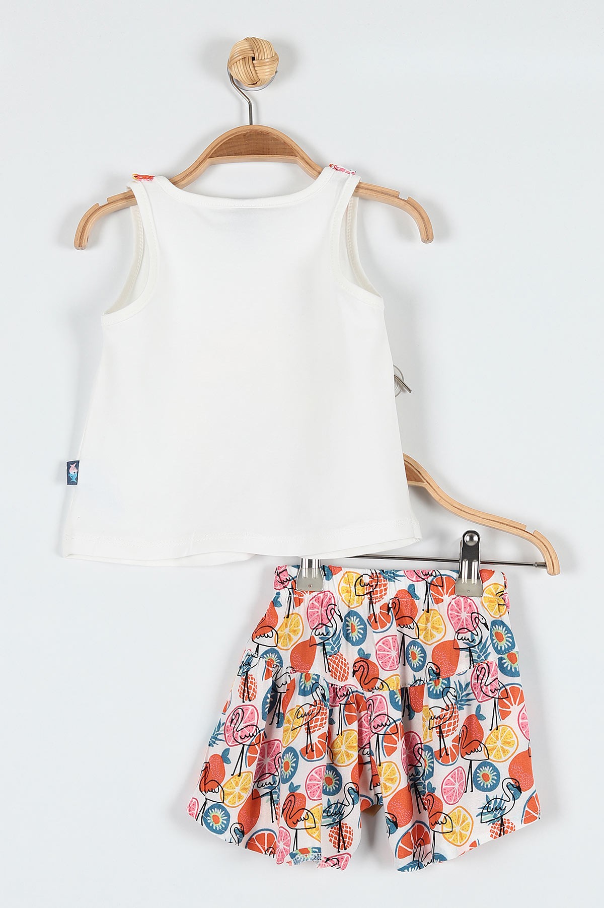 Ekru (9-24 Ay) Flamingo Çiçek Baskılı Omuz Fiyonk Detaylı Şortlu Kız Bebe Takım 182608