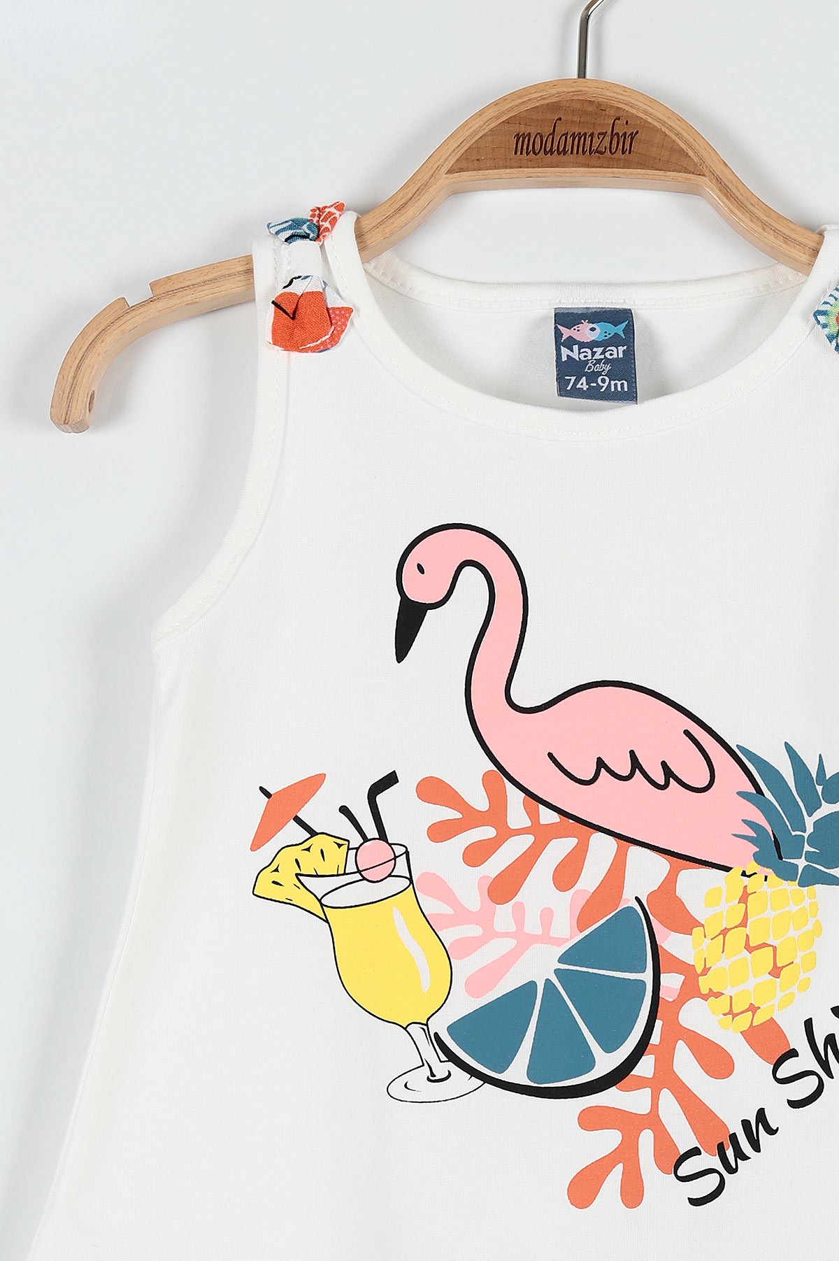 Ekru (9-24 Ay) Flamingo Çiçek Baskılı Omuz Fiyonk Detaylı Şortlu Kız Bebe Takım 182608