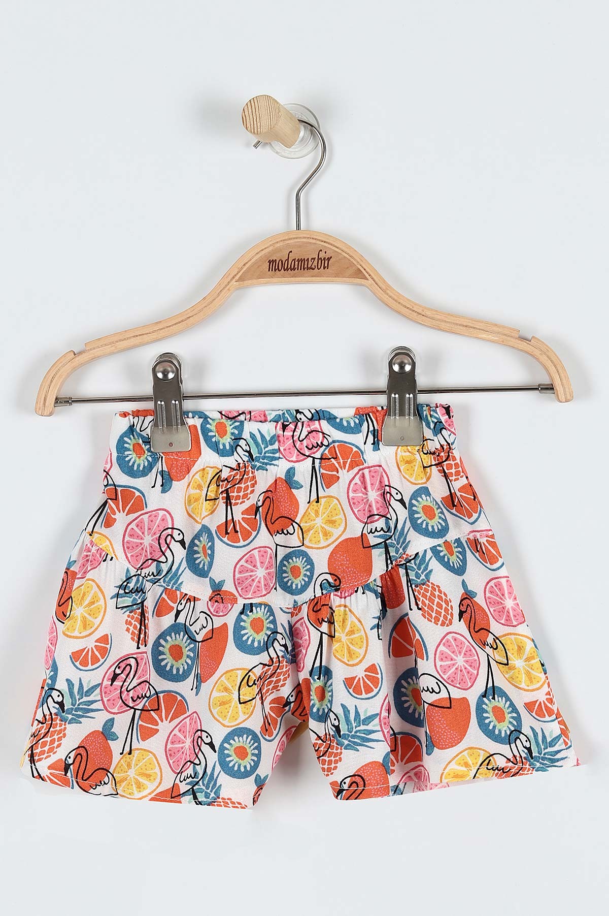 Ekru (9-24 Ay) Flamingo Çiçek Baskılı Omuz Fiyonk Detaylı Şortlu Kız Bebe Takım 182608