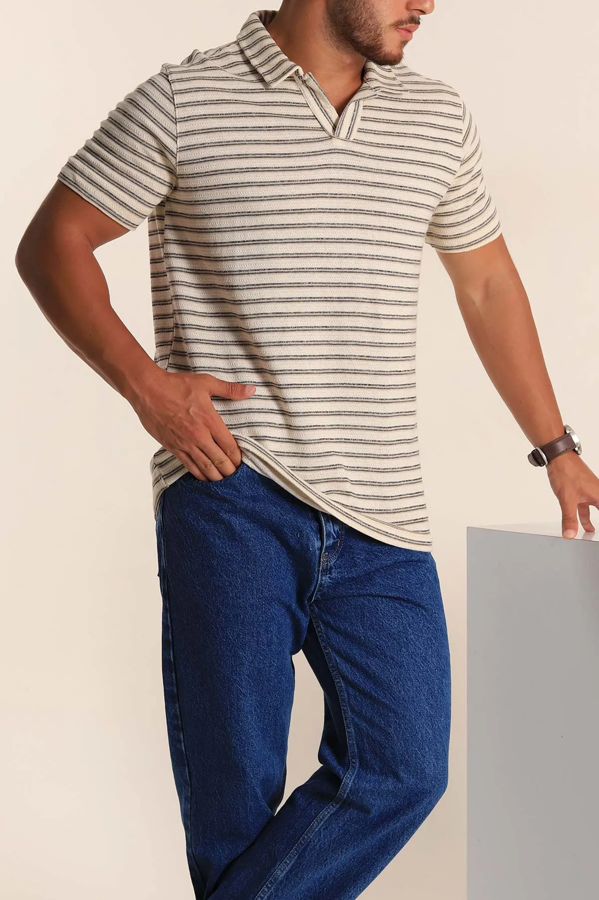 Ekru Antrasit Çizgili Regular Fit Polo Yaka Erkek Tişört 262719