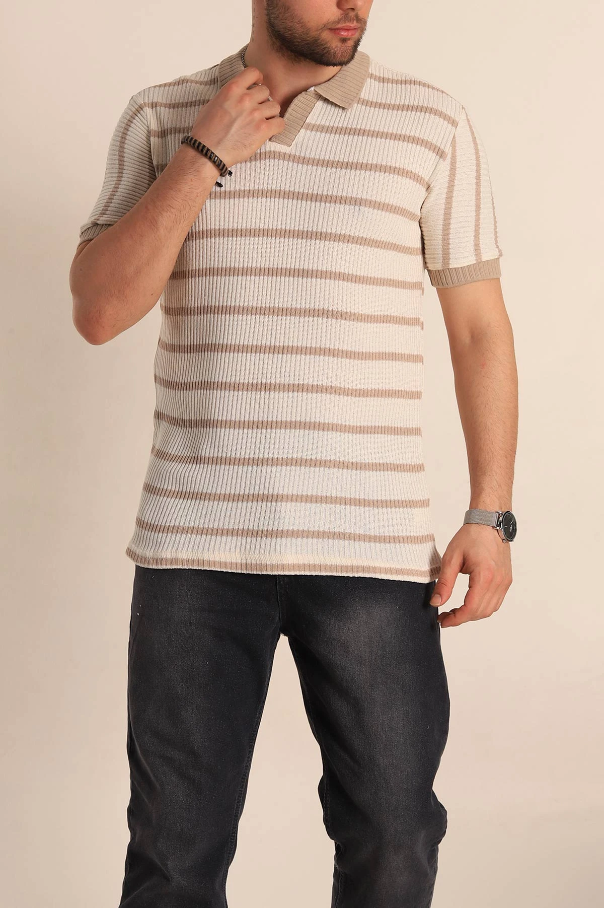Ekru Bej Çizgili Regular Fit Polo Yaka Erkek Triko Tişört 262594
