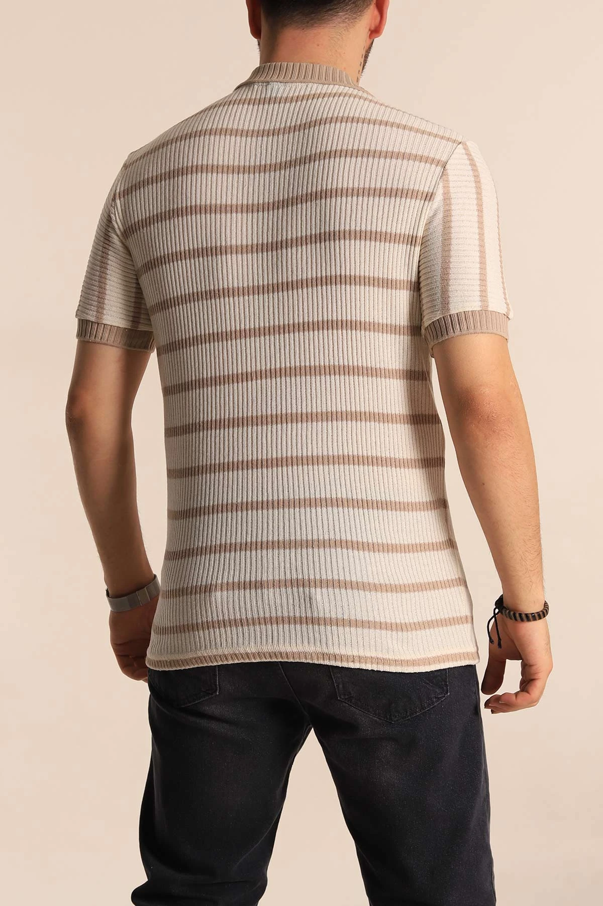 Ekru Bej Çizgili Regular Fit Polo Yaka Erkek Triko Tişört 262594