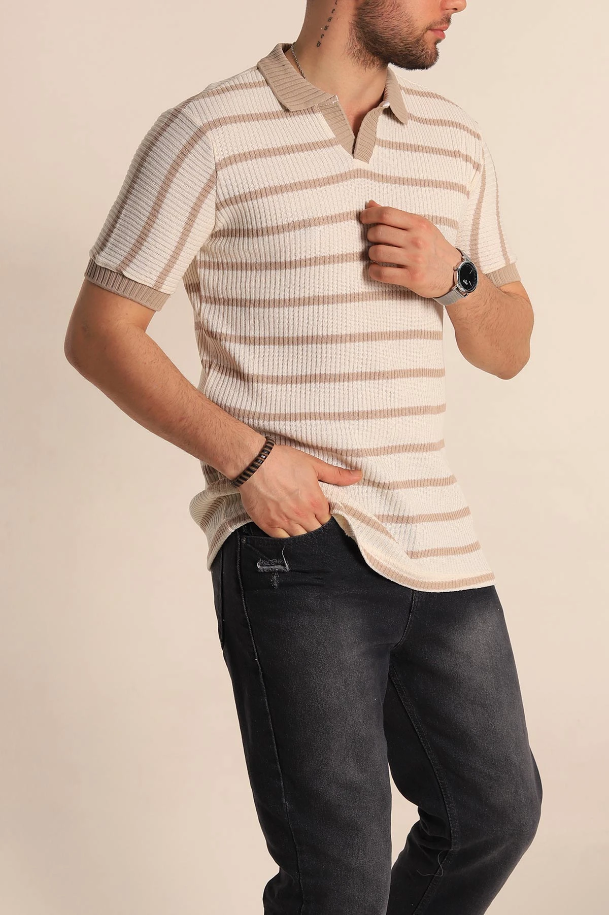 Ekru Bej Çizgili Regular Fit Polo Yaka Erkek Triko Tişört 262594