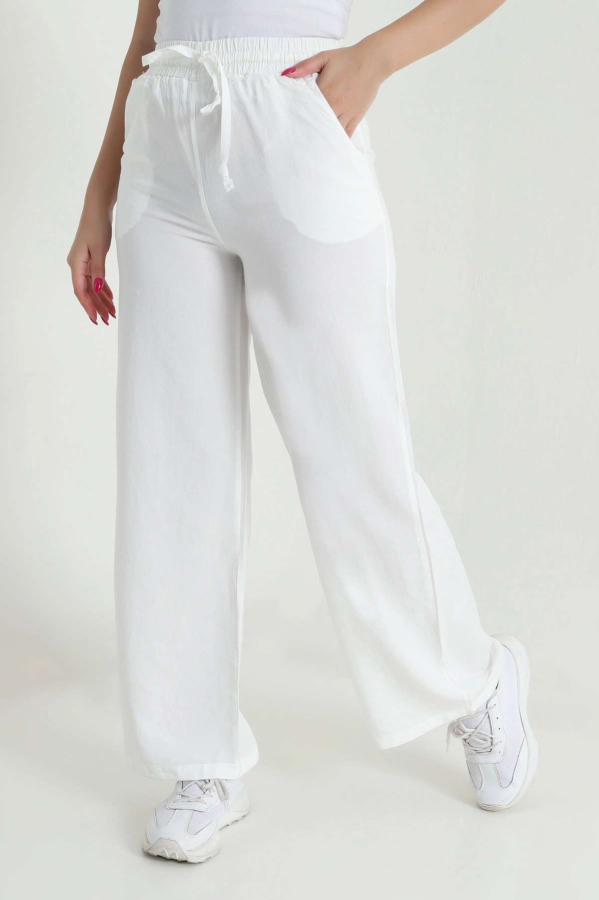 Ekru Bel Lastikli Bol Paça Tencel Kadın Pantolon 474045
