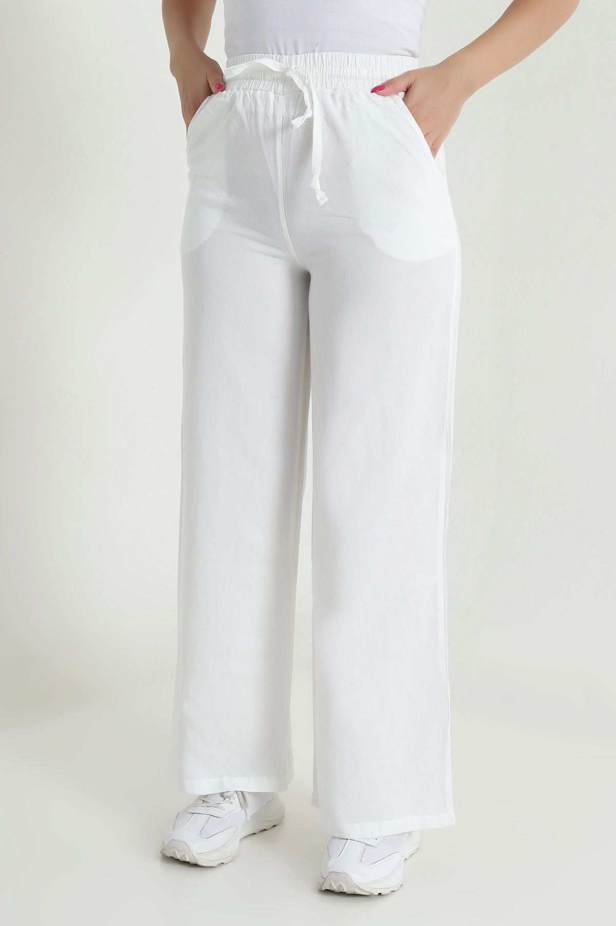 Ekru Bel Lastikli Bol Paça Tencel Kadın Pantolon 474045