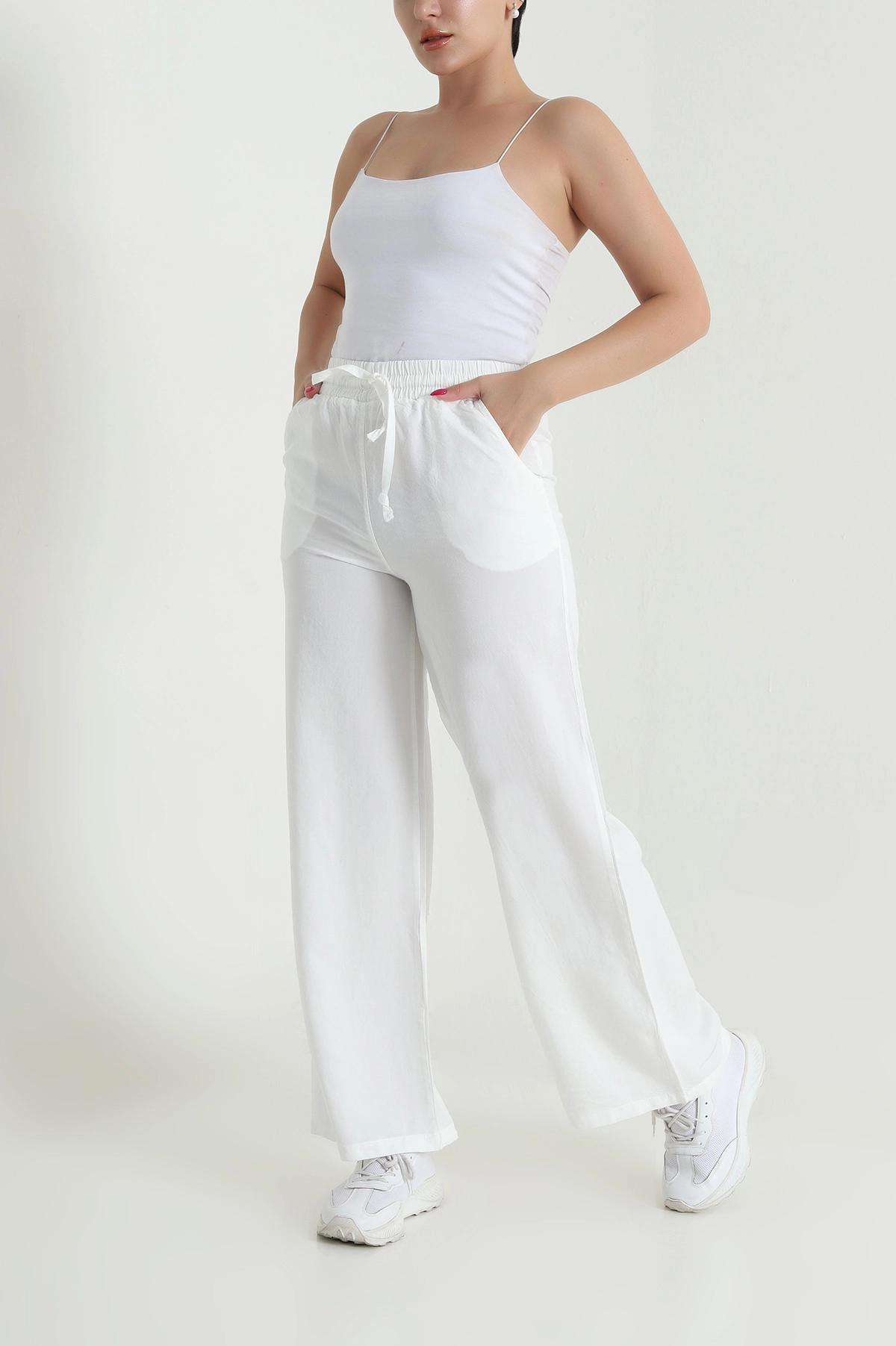 Ekru Bel Lastikli Bol Paça Tencel Kadın Pantolon 474045