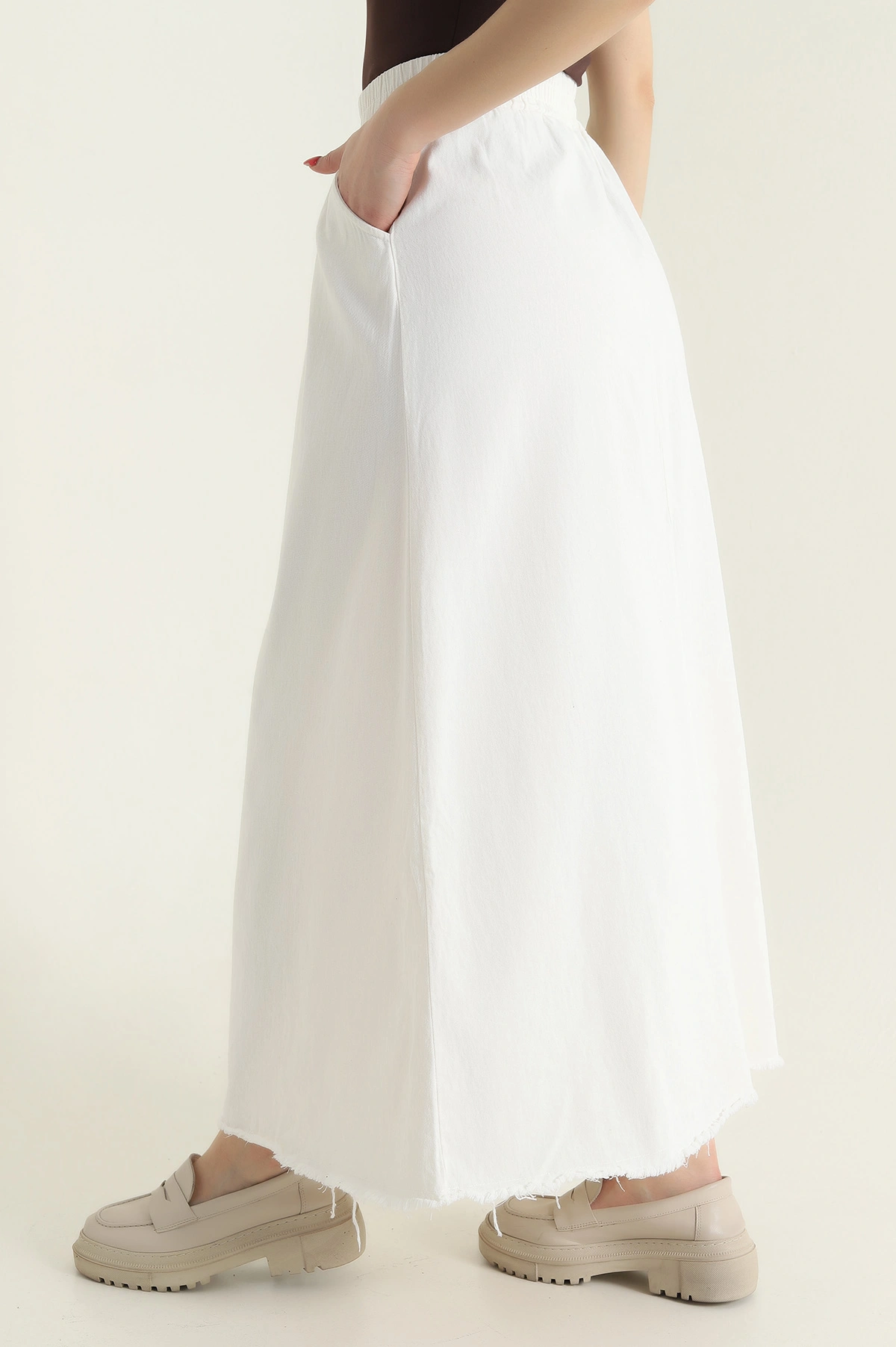 Ekru Beli Lastikli Gabardin Kadın Etek 428740