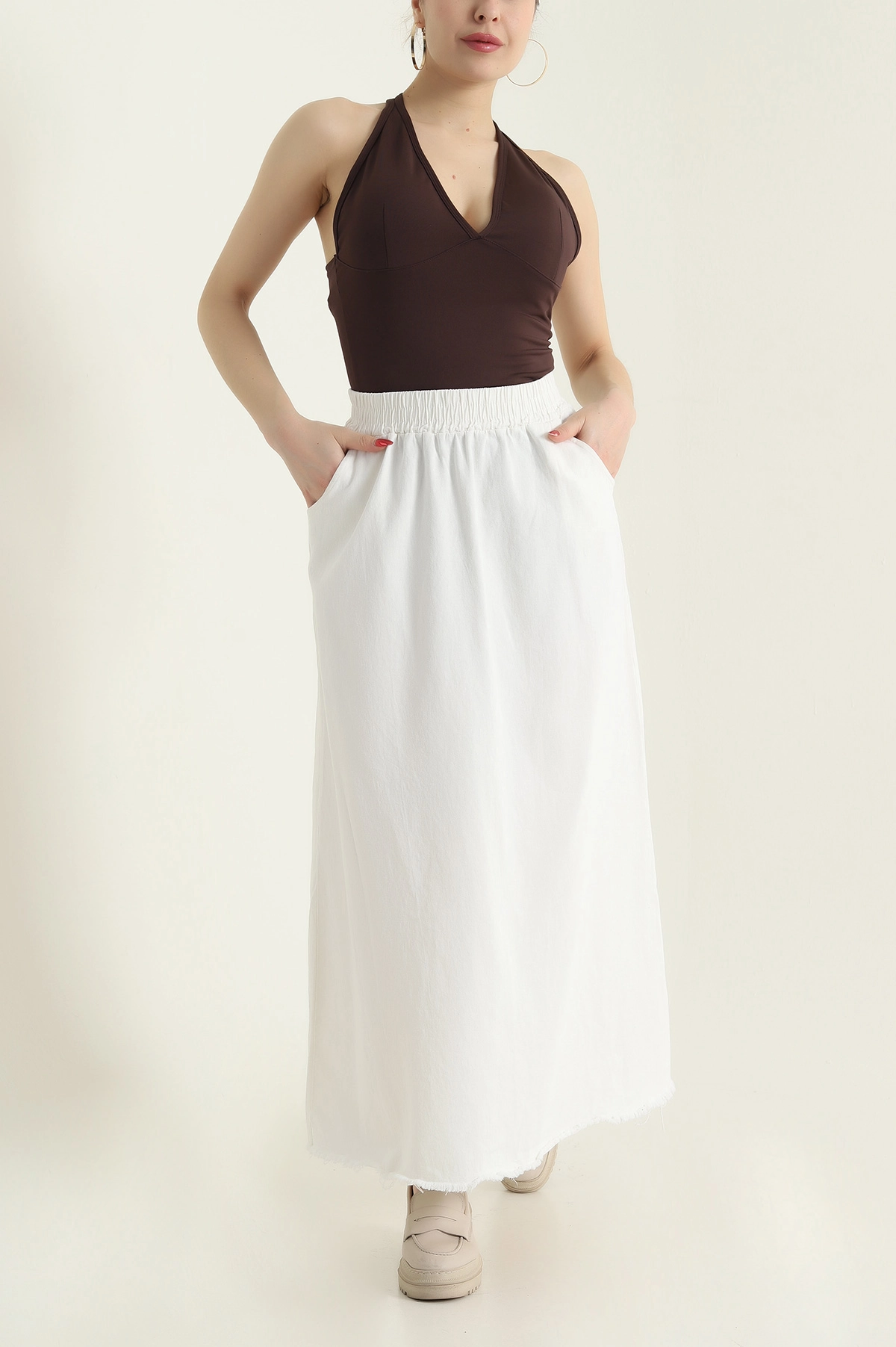 Ekru Beli Lastikli Gabardin Kadın Etek 428740