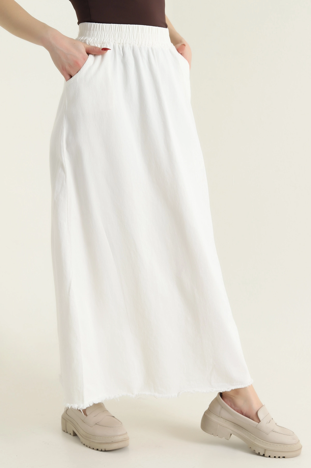 Ekru Beli Lastikli Gabardin Kadın Etek 428740