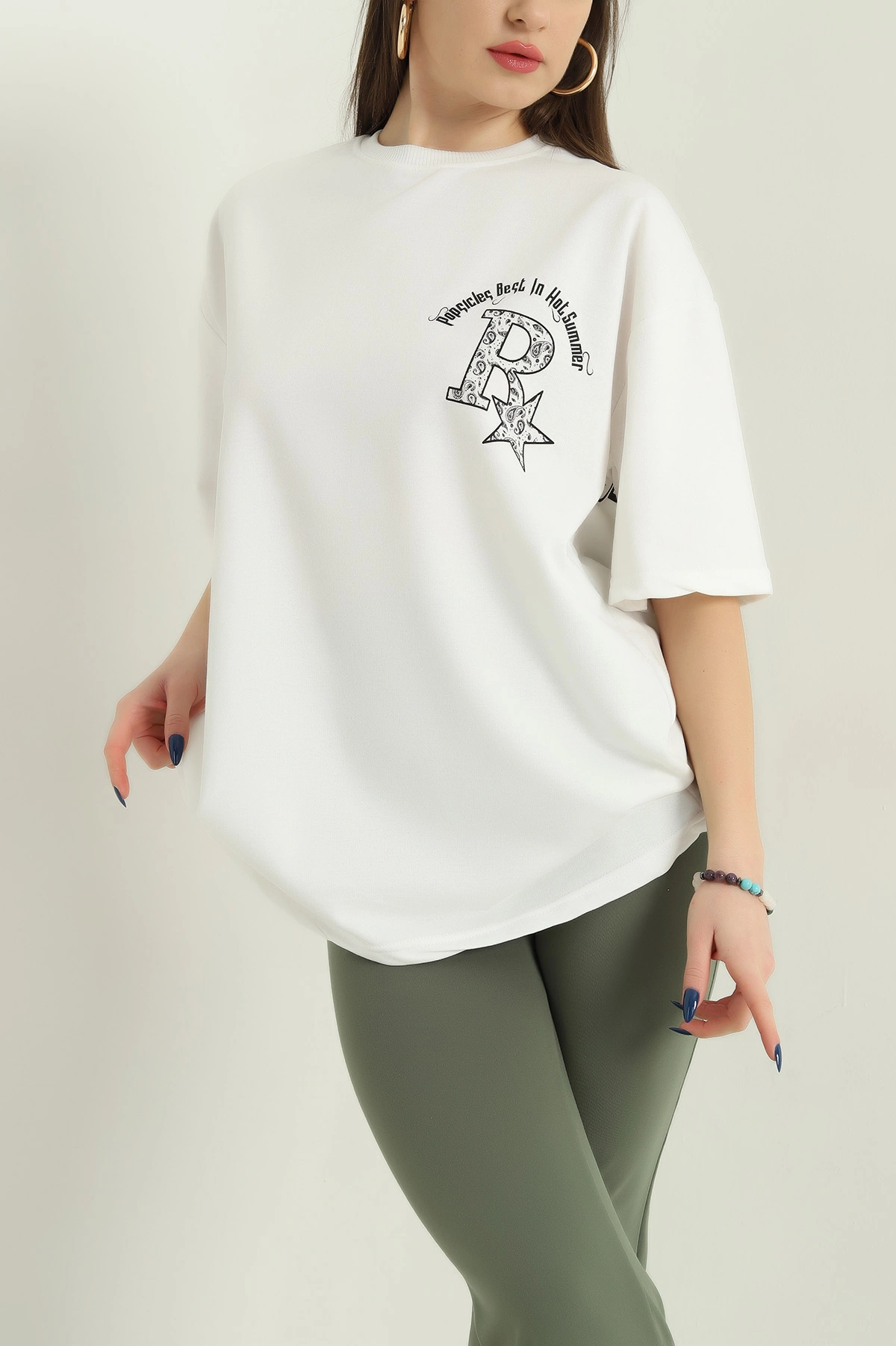 Ekru Bisiklet Yaka Ön Arka Baskılı Bayan Süprem Oversize Tişört 337271