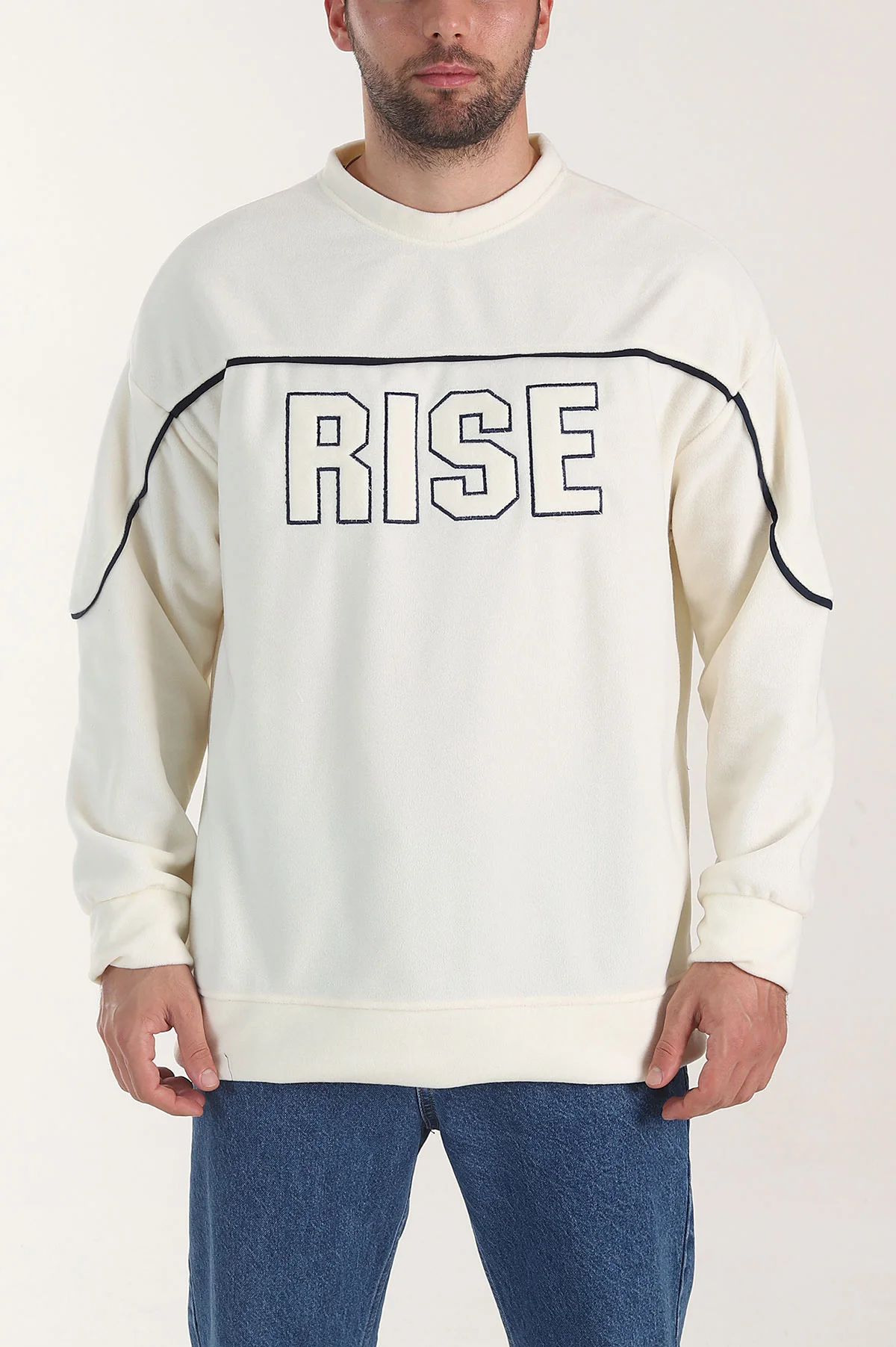 Ekru Bisiklet Yaka Polar Kumaş Yazı Detaylı Erkek Sweatshirt 404256
