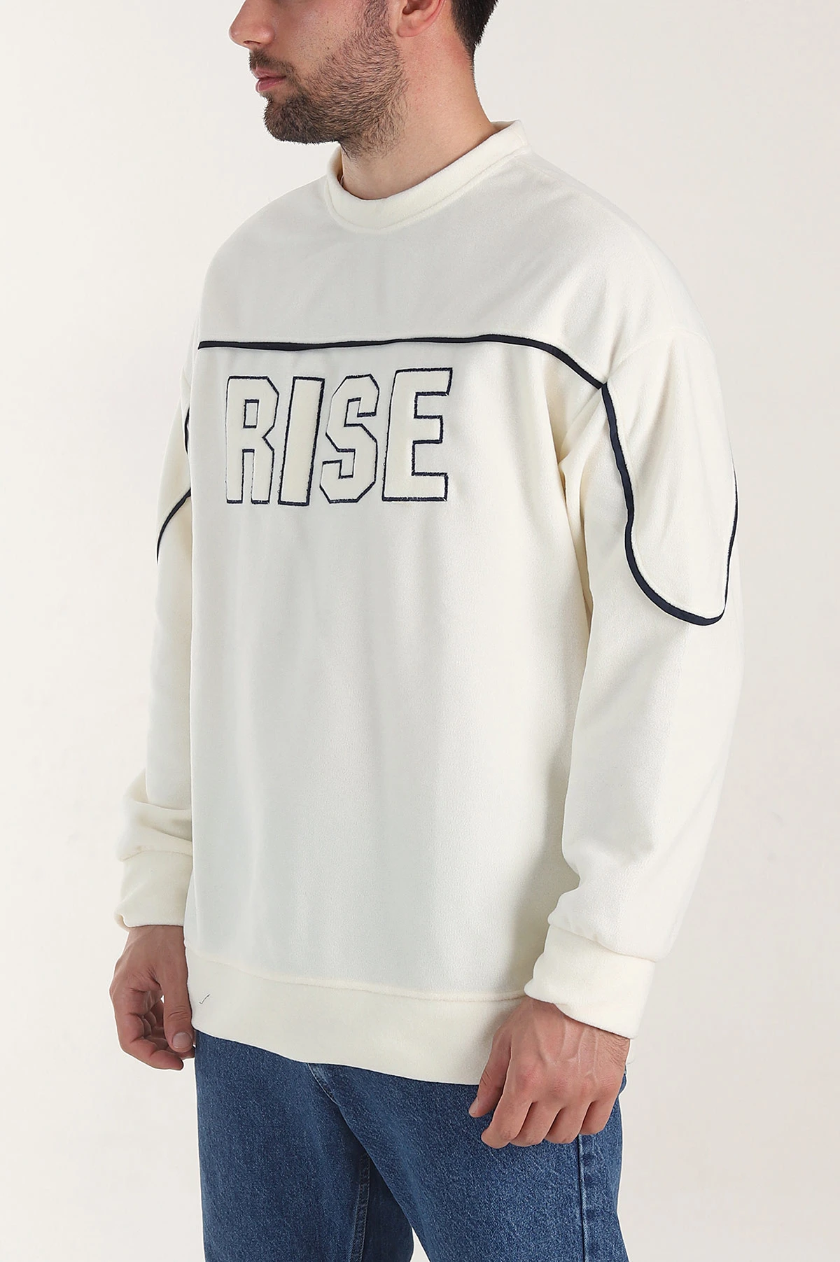 Ekru Bisiklet Yaka Polar Kumaş Yazı Detaylı Erkek Sweatshirt 404256