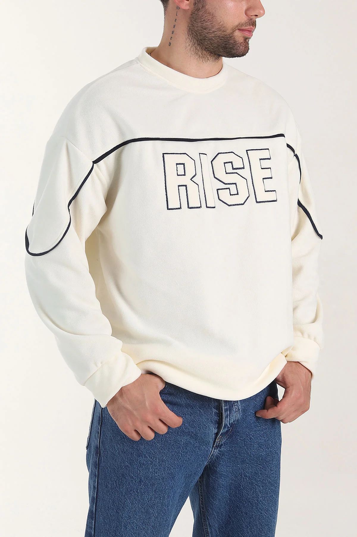 Ekru Bisiklet Yaka Polar Kumaş Yazı Detaylı Erkek Sweatshirt 404256