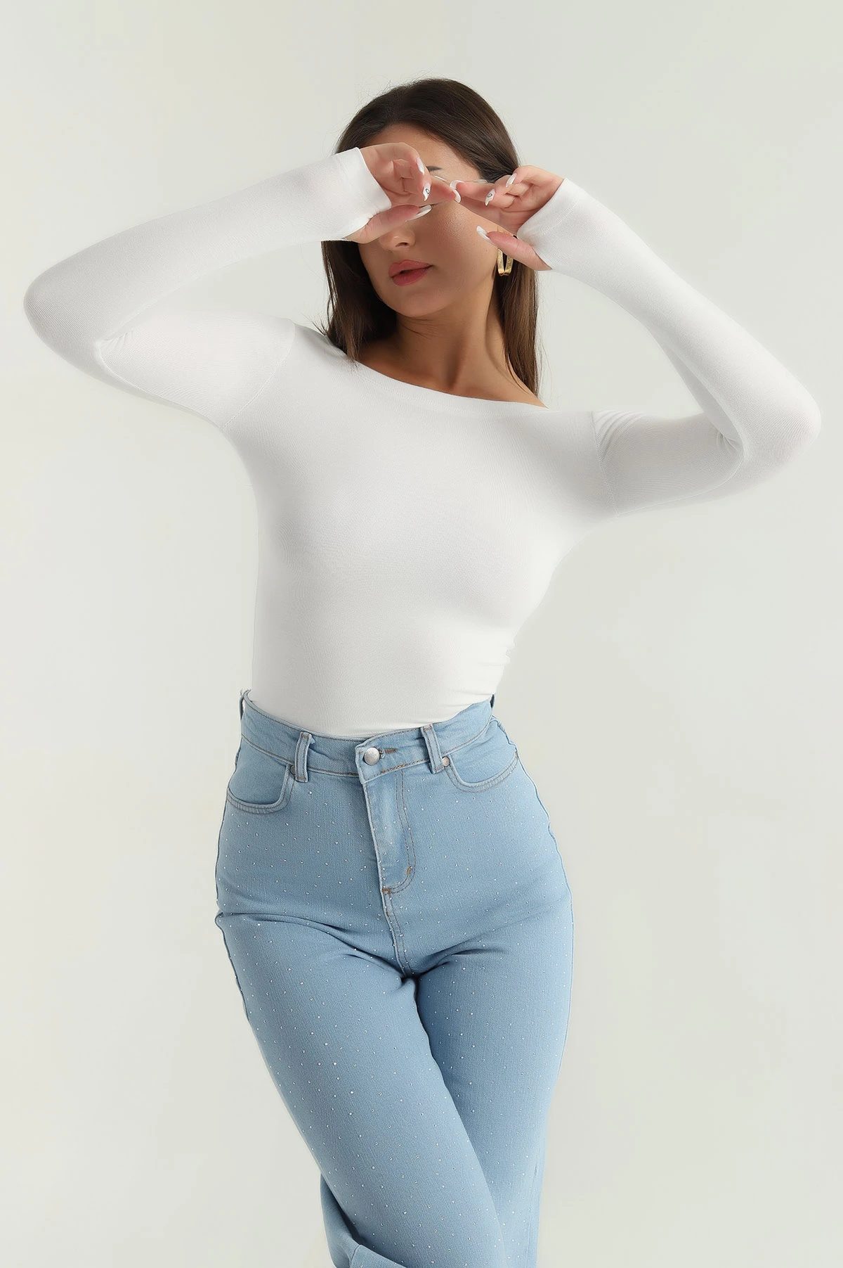 Ekru Buzi Kayık Yaka Parmak Geçmeli Kadın Bluz 385809