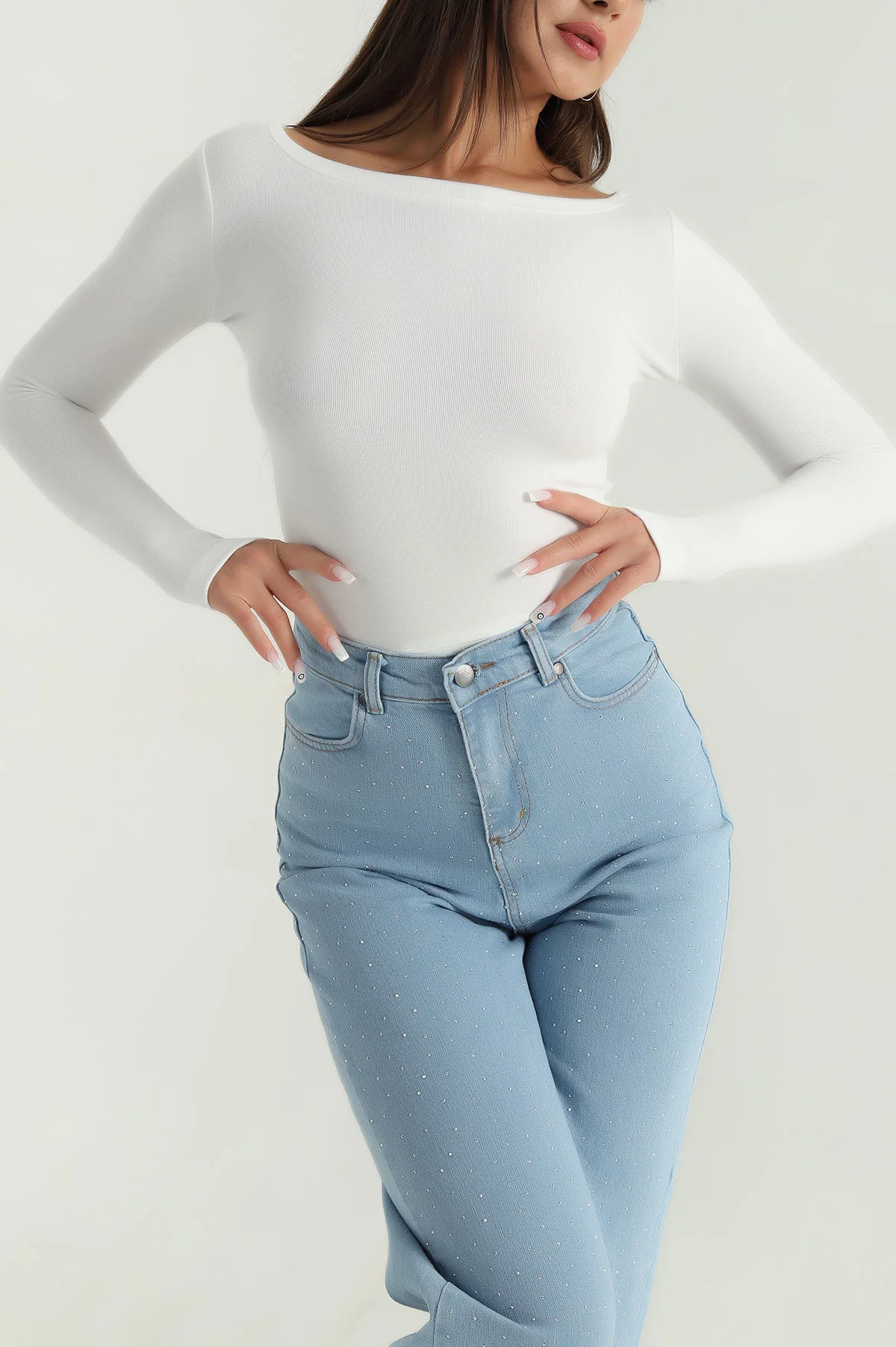 Ekru Buzi Kayık Yaka Parmak Geçmeli Kadın Bluz 385809