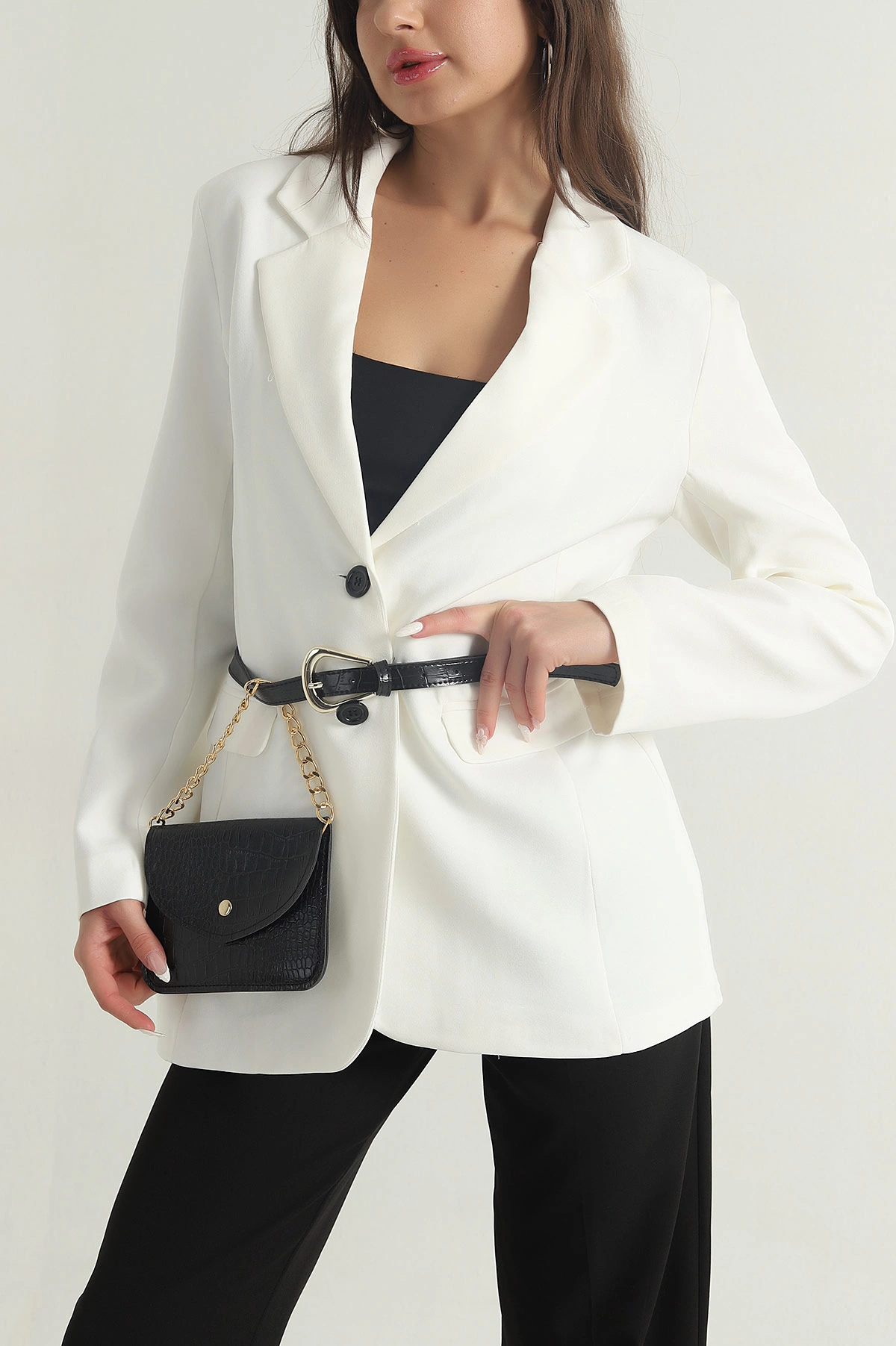 Ekru Çantalı Kemerli Kadın Blazer Atlas Ceket 401168