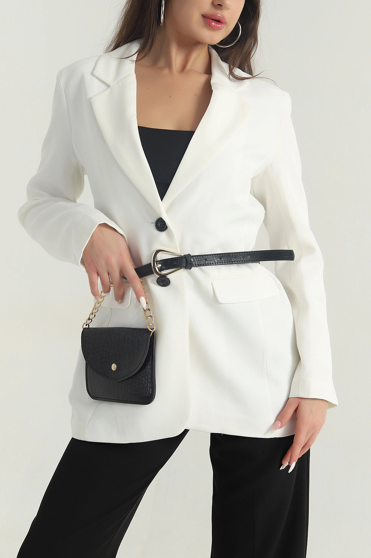 Ekru Çantalı Kemerli Kadın Blazer Atlas Ceket 401168