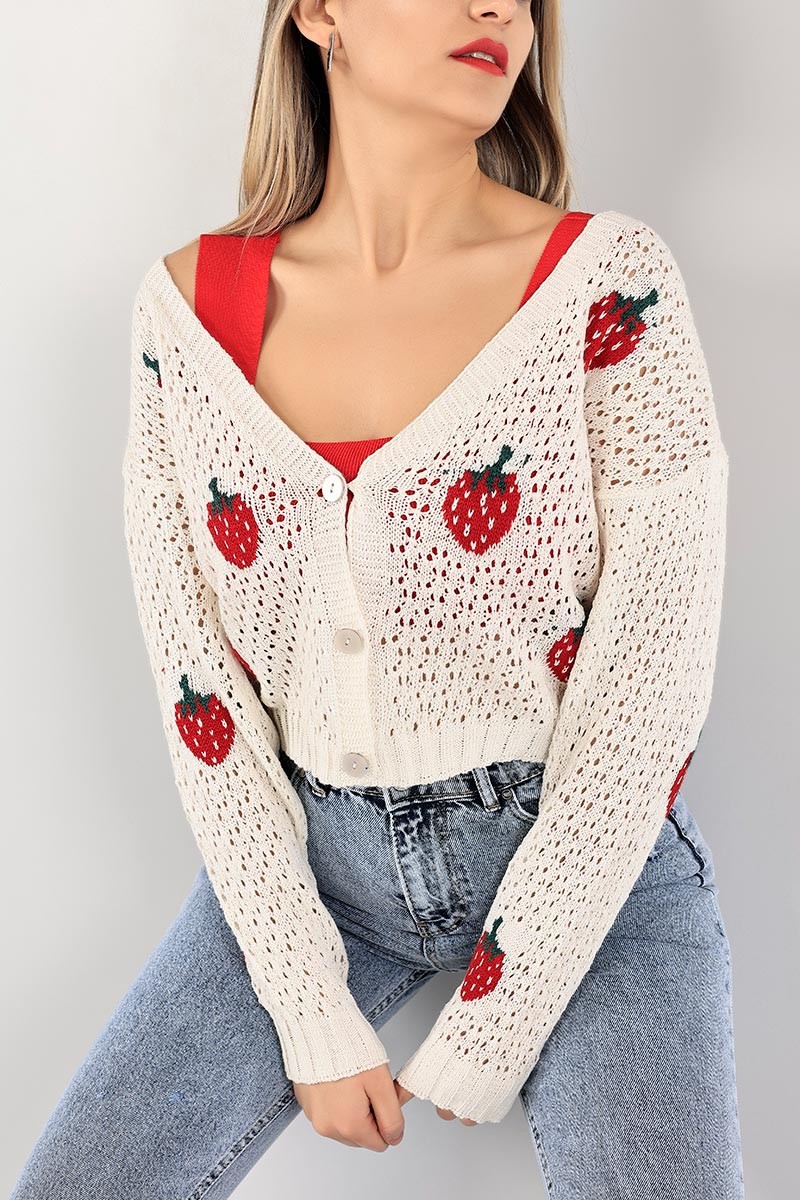 Ekru Çilek Desen Ajurlu Triko Hırka 102844