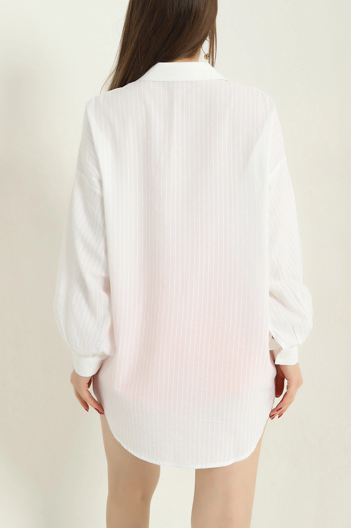Ekru Çizgili Oversize Bayan Keten Gömlek 336989