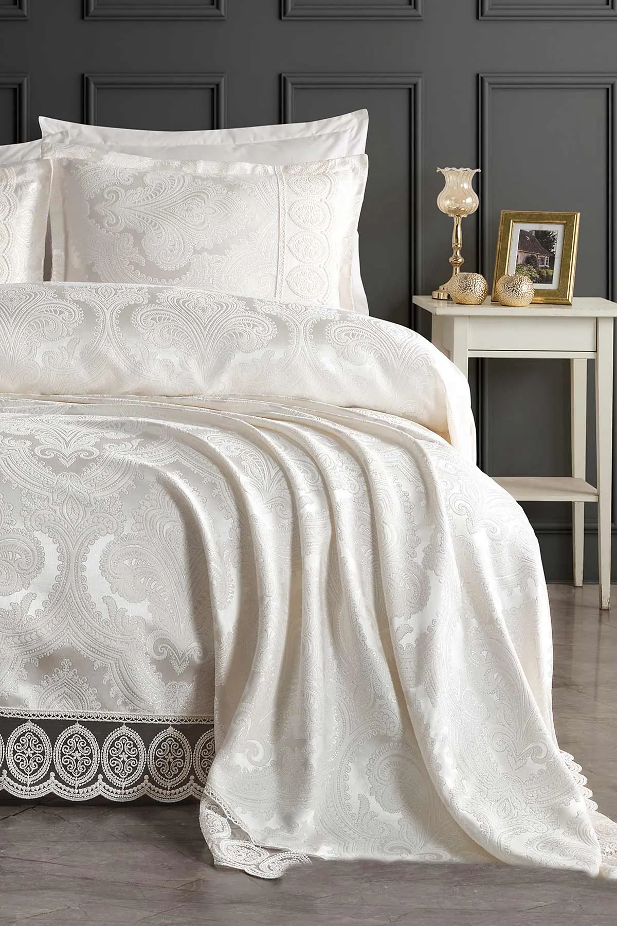 Krem 240x260 Dantelli Çift Kişilik Gelin Seti Yatak Örtüsü 282721