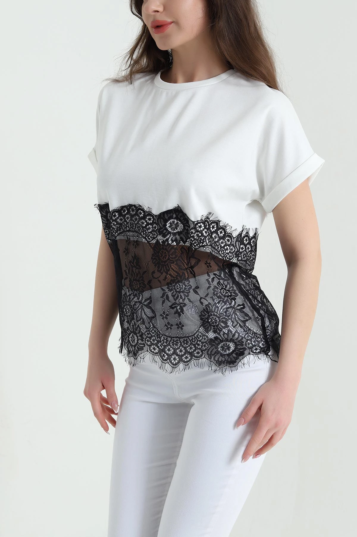 Ekru Dantelli Modal Kadın Bluz 454552