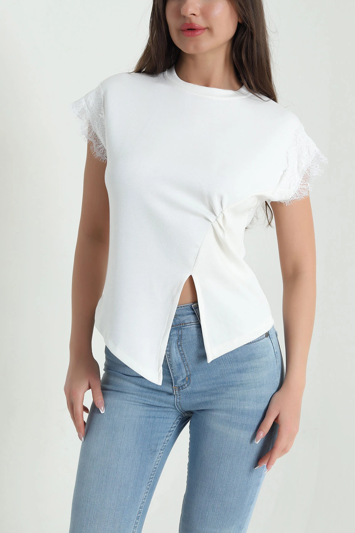 Ekru Dantelli Modal Kadın Bluz 459421