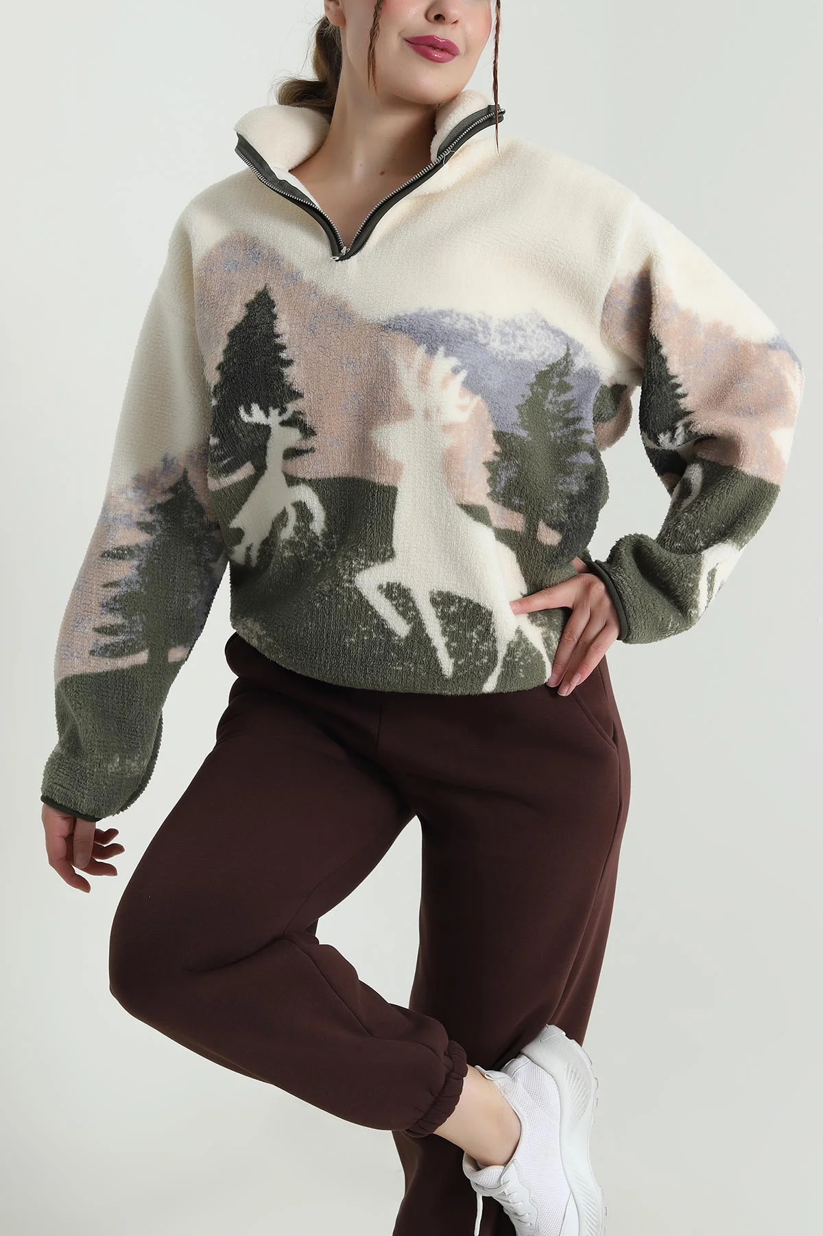 Ekru Desenli Uzun Kollu Teddy Kadın Sweat 482457