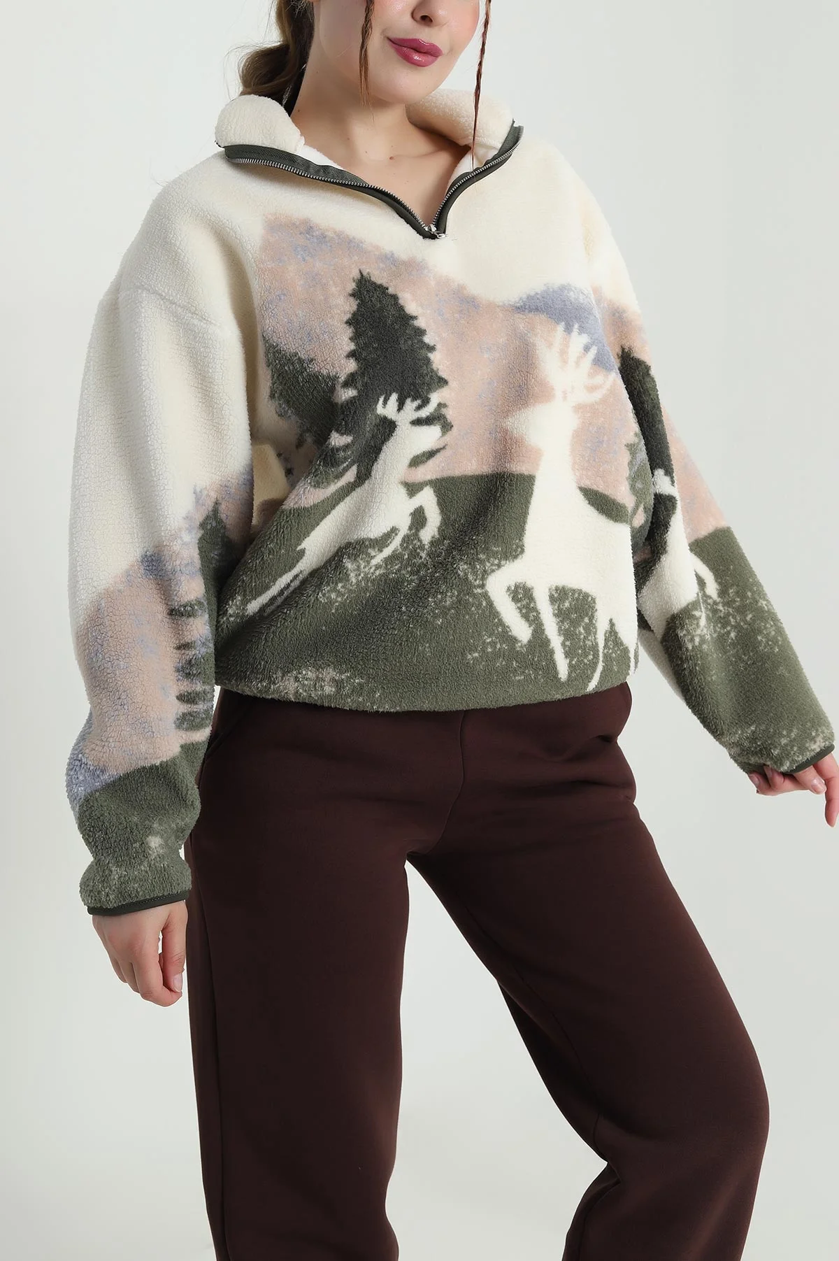Ekru Desenli Uzun Kollu Teddy Kadın Sweat 482457