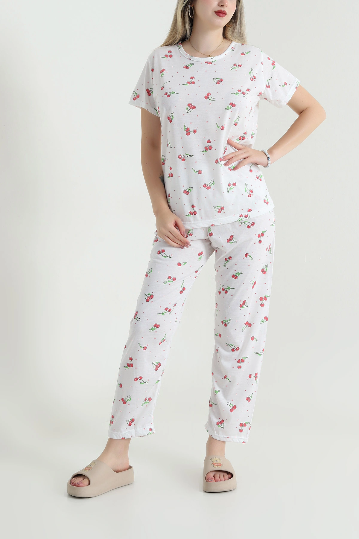 Ekru Desenli Viskon Kadın Pijama Takımı 466628