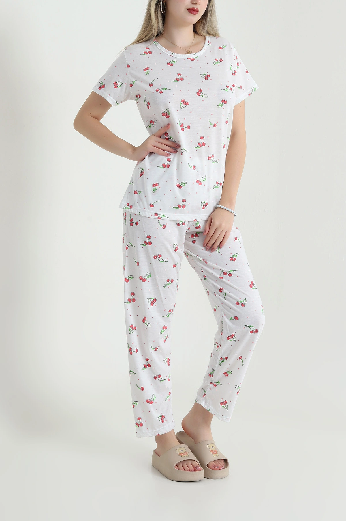 Ekru Desenli Viskon Kadın Pijama Takımı 466628